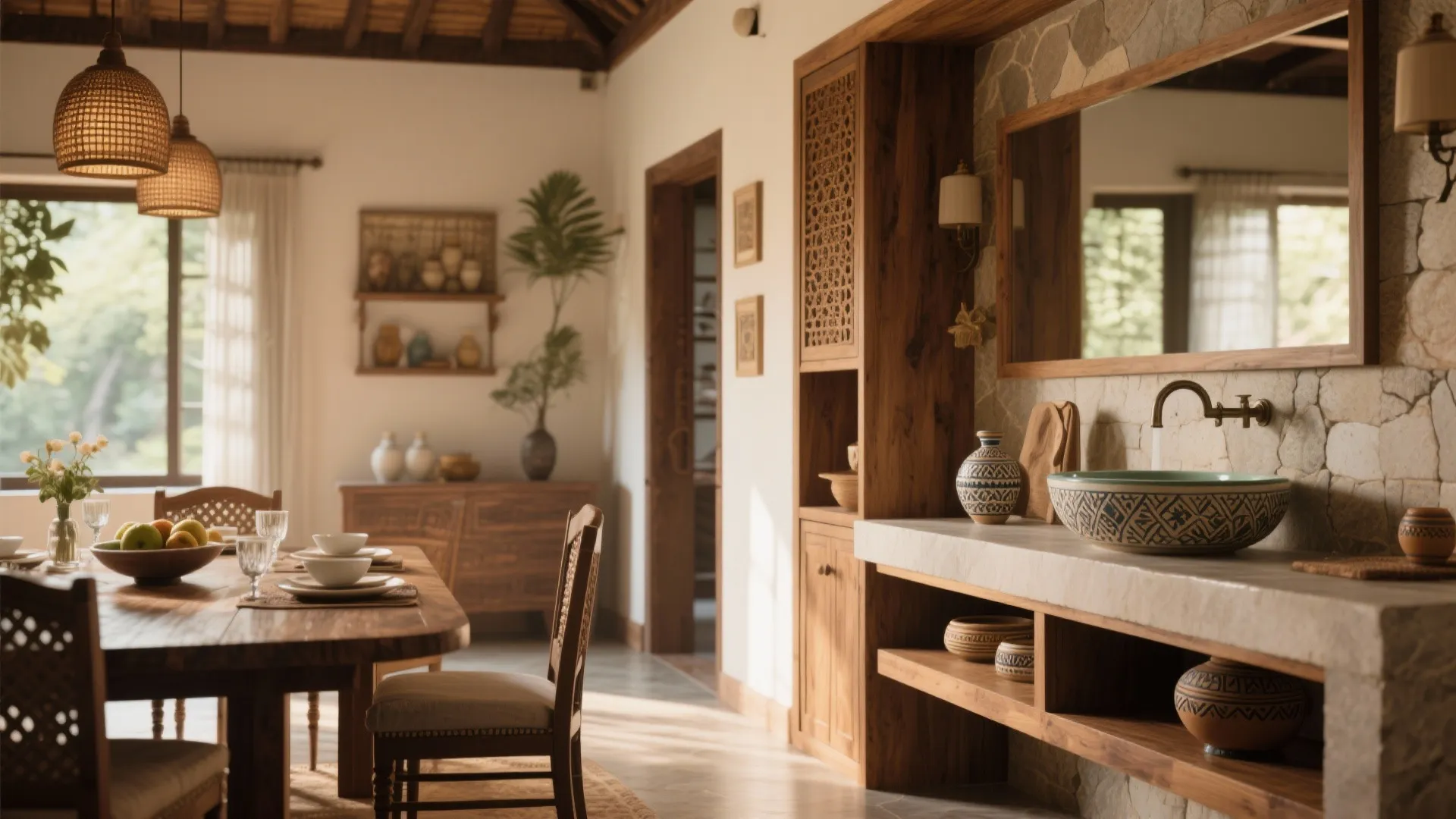 Traditional dining area featuring wooden table chairs patterned wash basin mirror stone wall and lamps