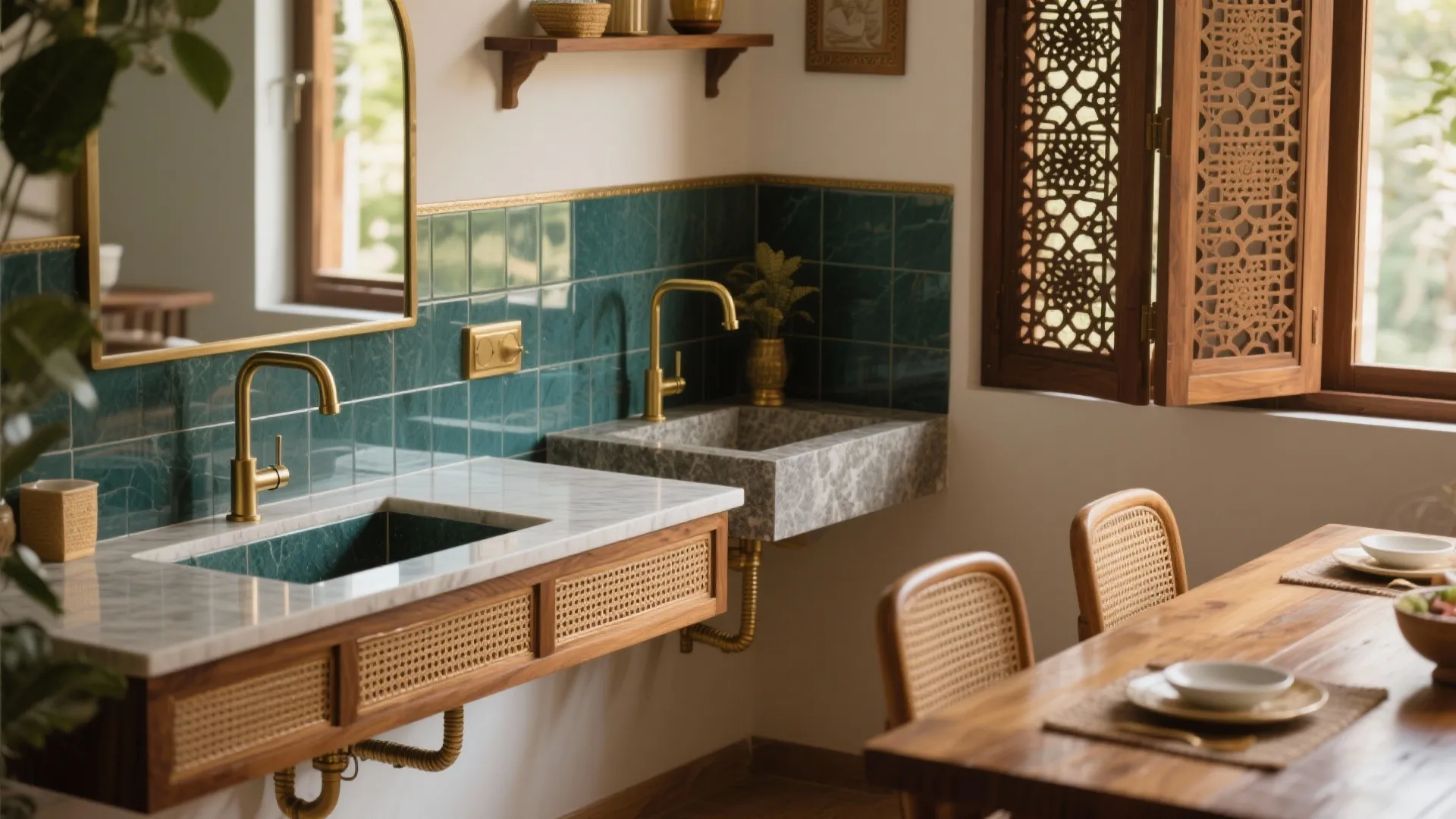 Dining room with stone wash basins gold faucets green wall tiles and wooden table with chairs