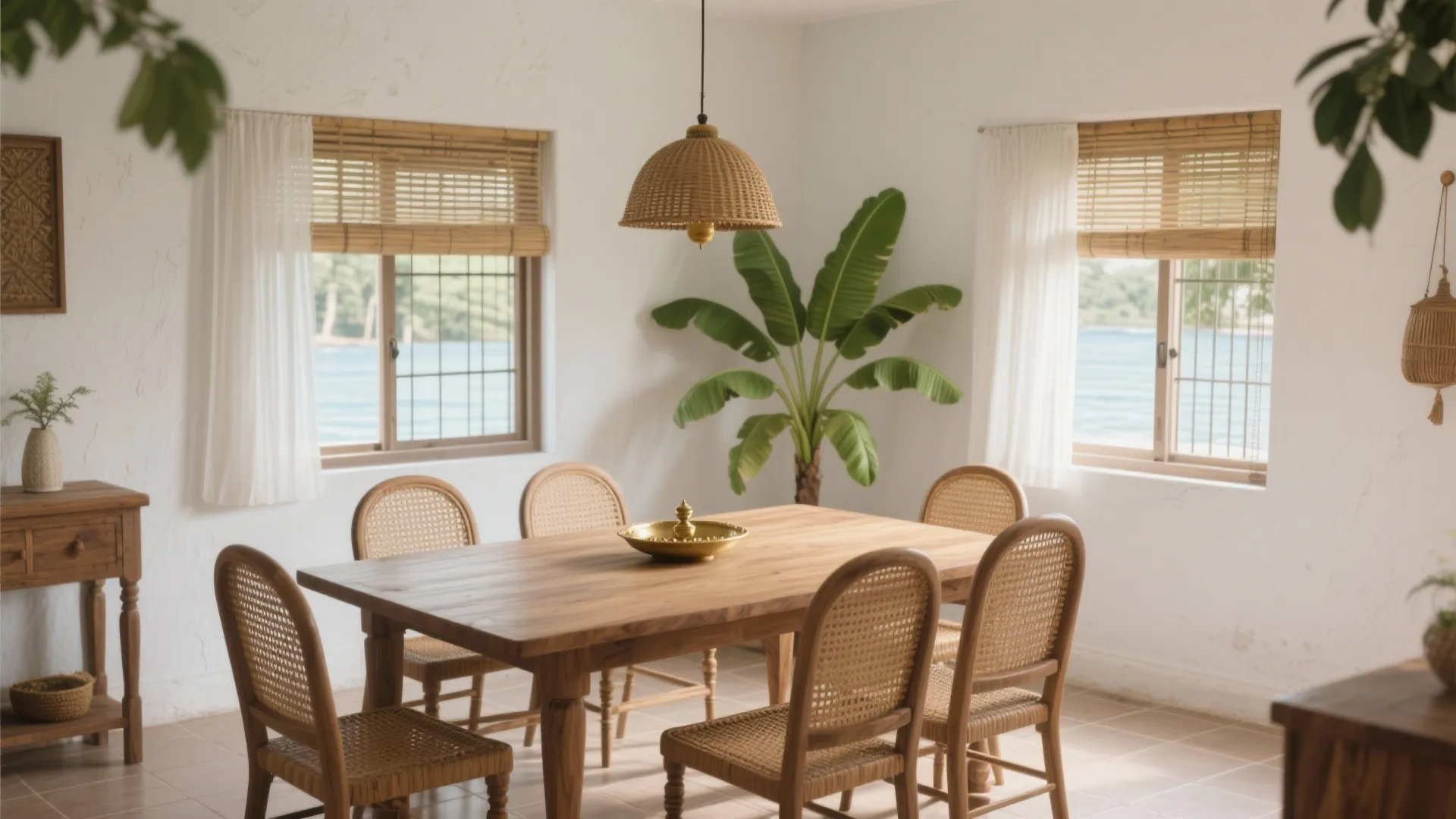 Tropical dining room with wooden table, woven chairs, large plant, windows and a ceiling light