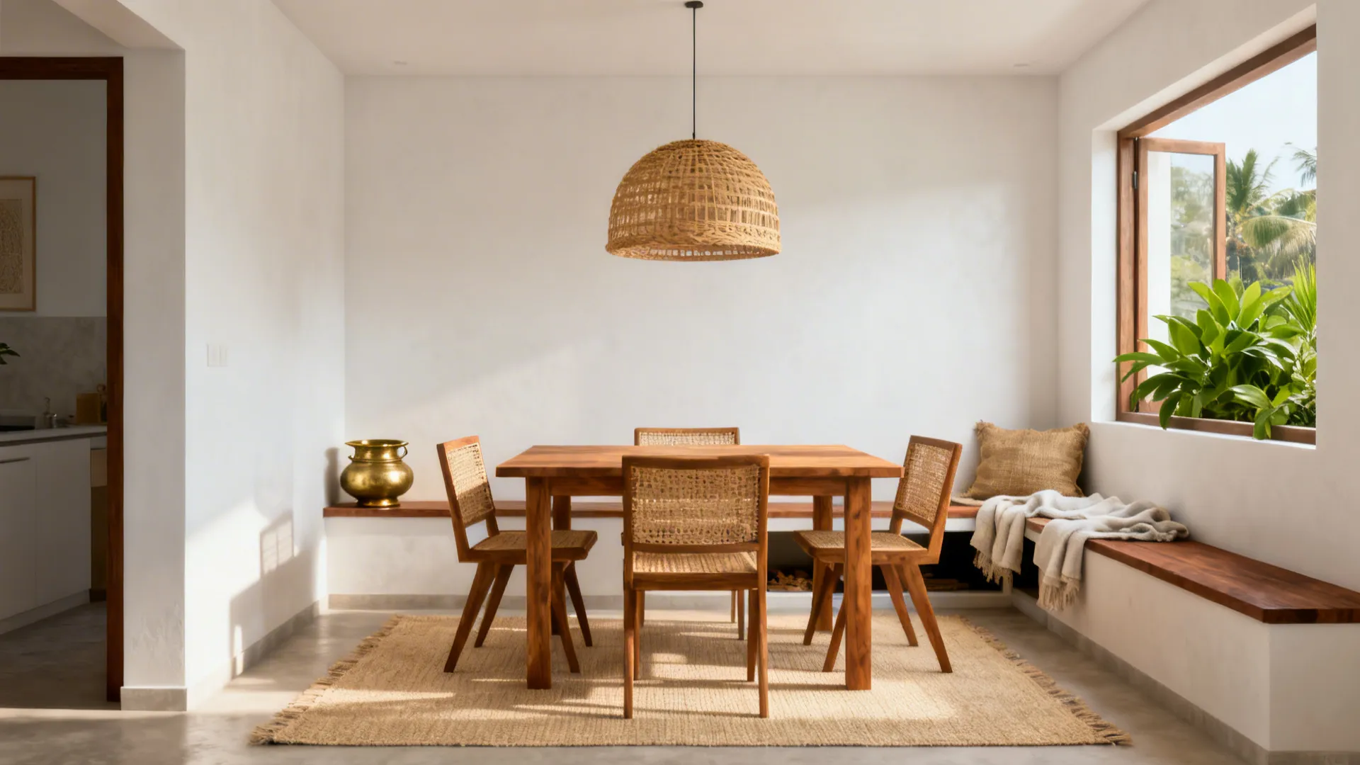 Minimalist dining room with wooden table woven chairs large ceiling light floor rug and window