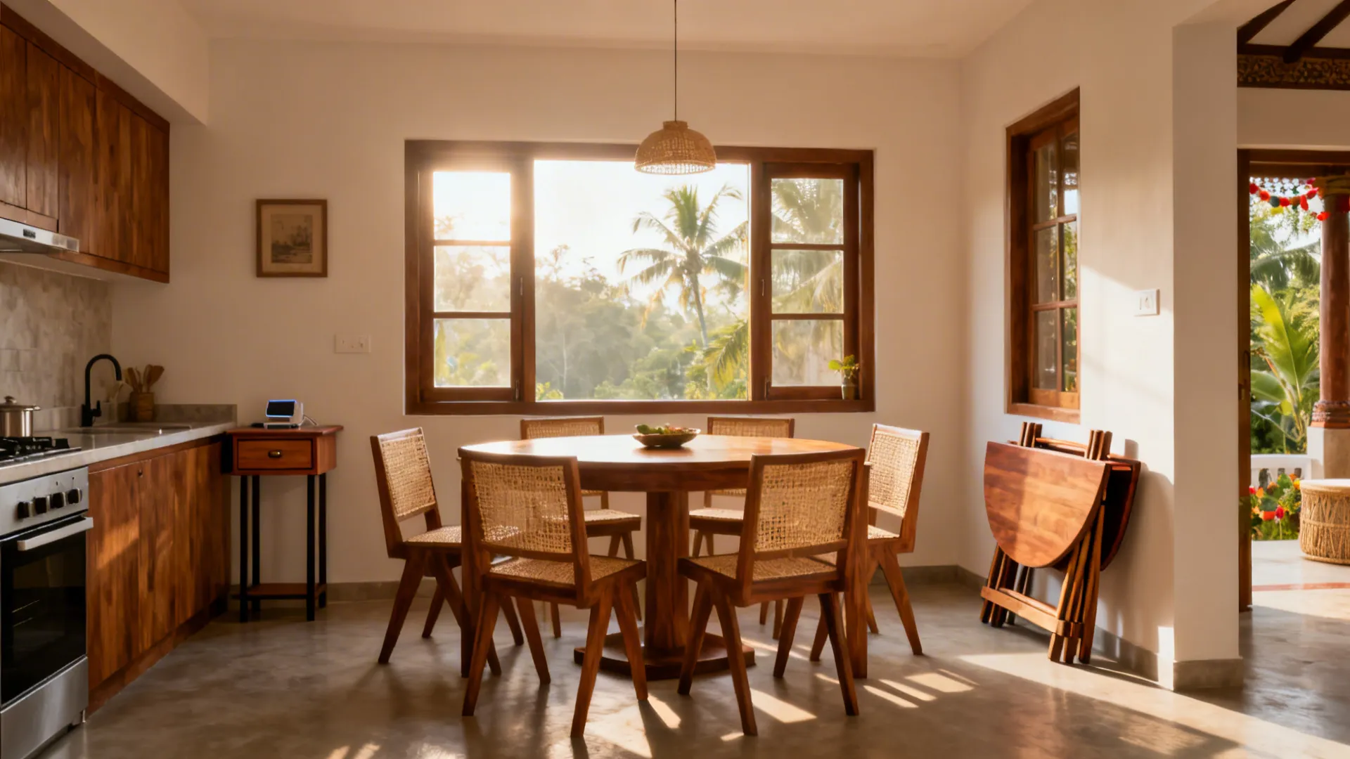 A 10x12 ft Kerala dining space with a 6-seater table and clear 36–42 inch circulation.