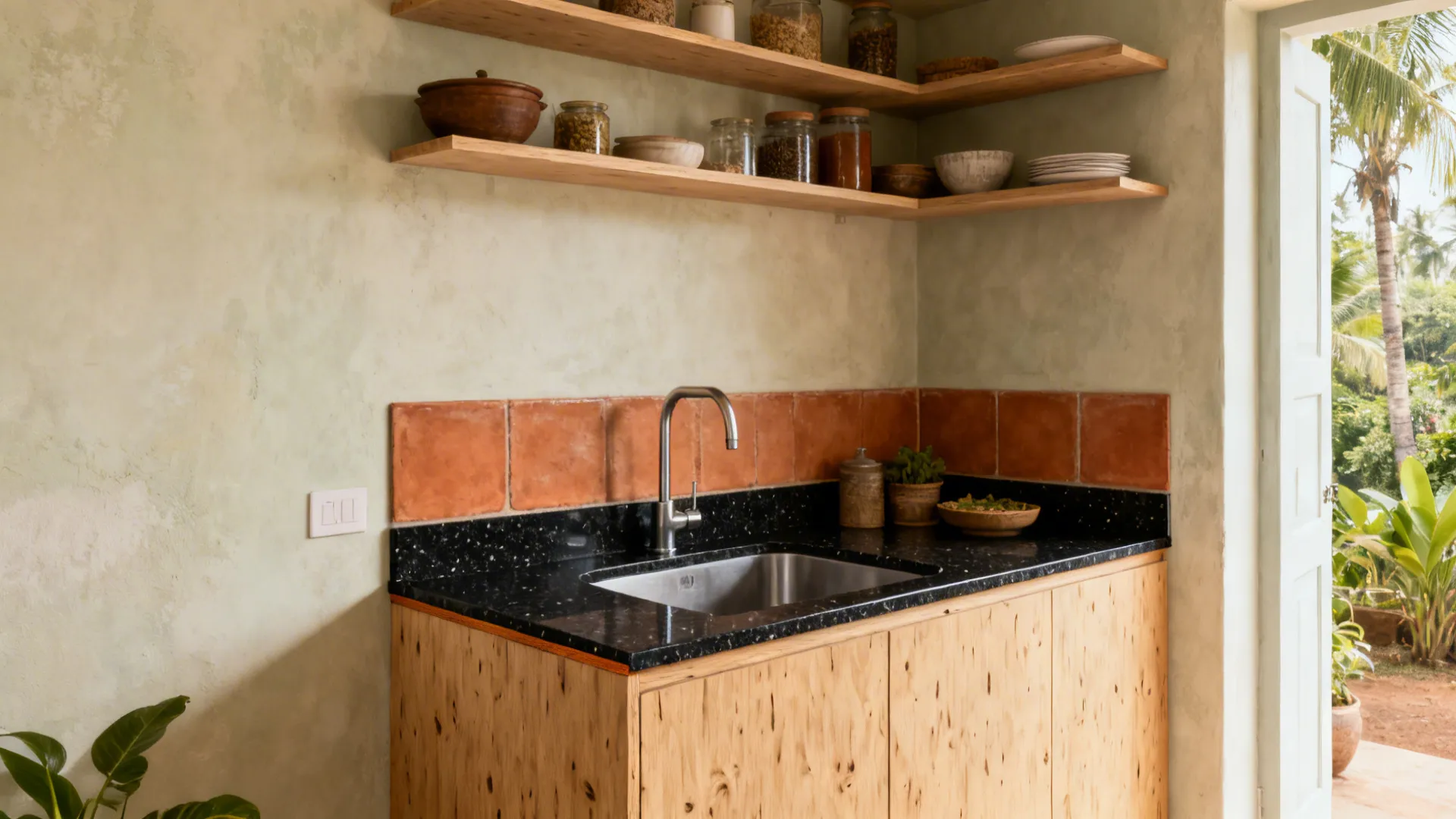 Kerala kitchen corner with limewash, open shelves, marine-grade ply at sink, and terracotta ceramic backsplash.