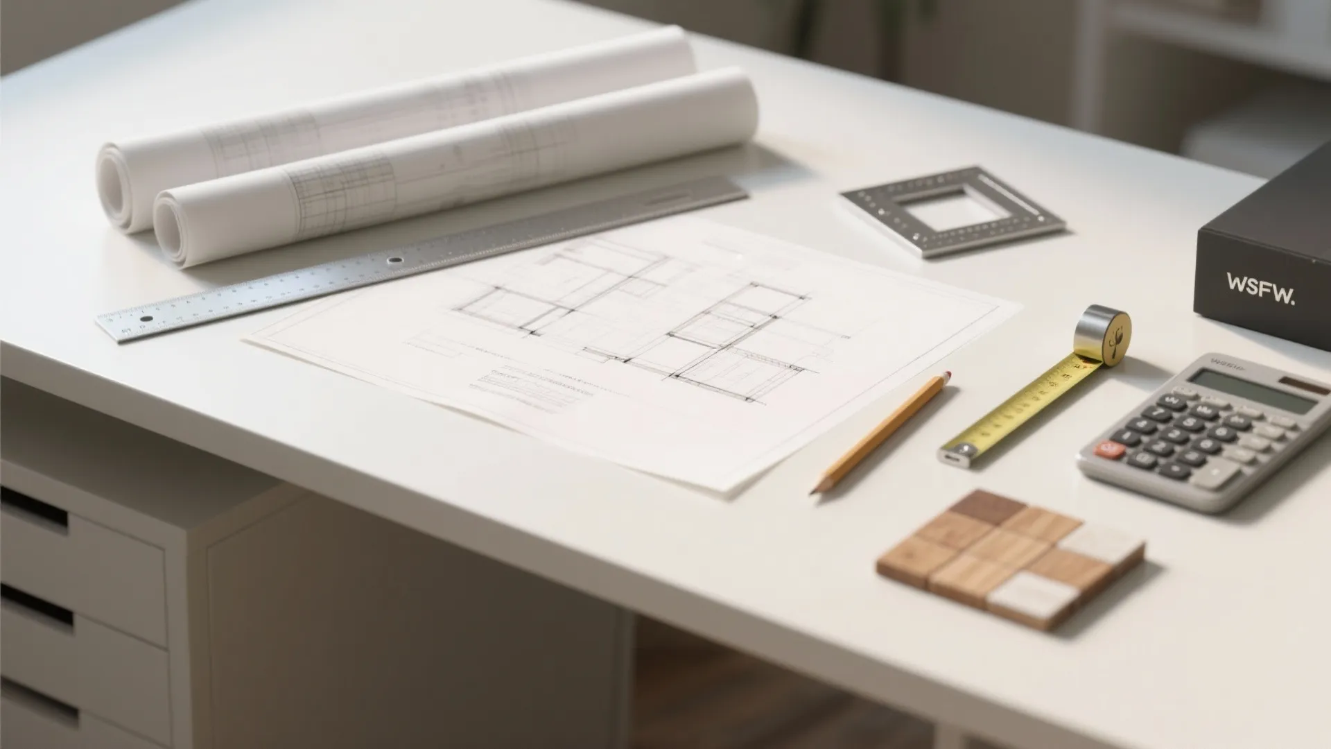 White desk with house floor plan paper rolls ruler pencil calculator and small wood material samples