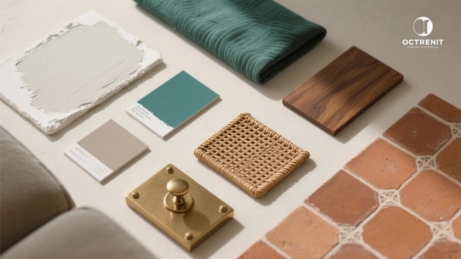 Interior design mood board with fabric samples, wood piece, tiles, color cards, and brass handle