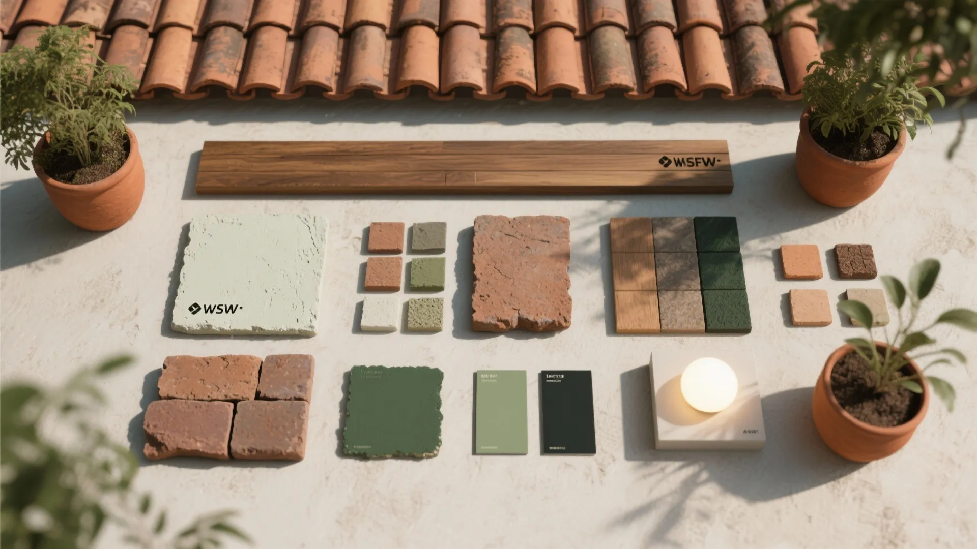 Interior design material board with wood samples stone tiles color swatches and small green plants