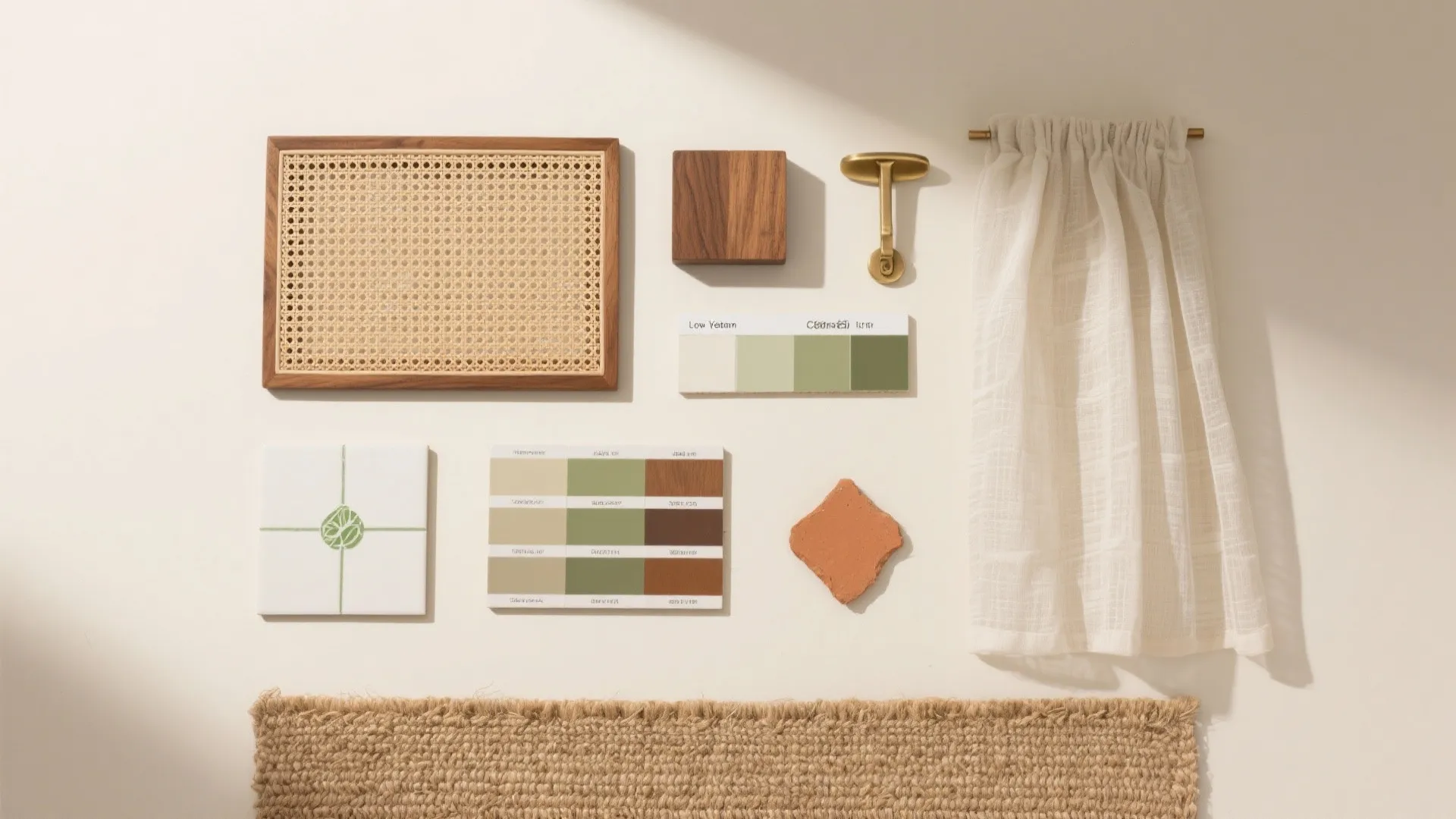 Interior design mood board with wood samples green color palette white curtain and woven textures