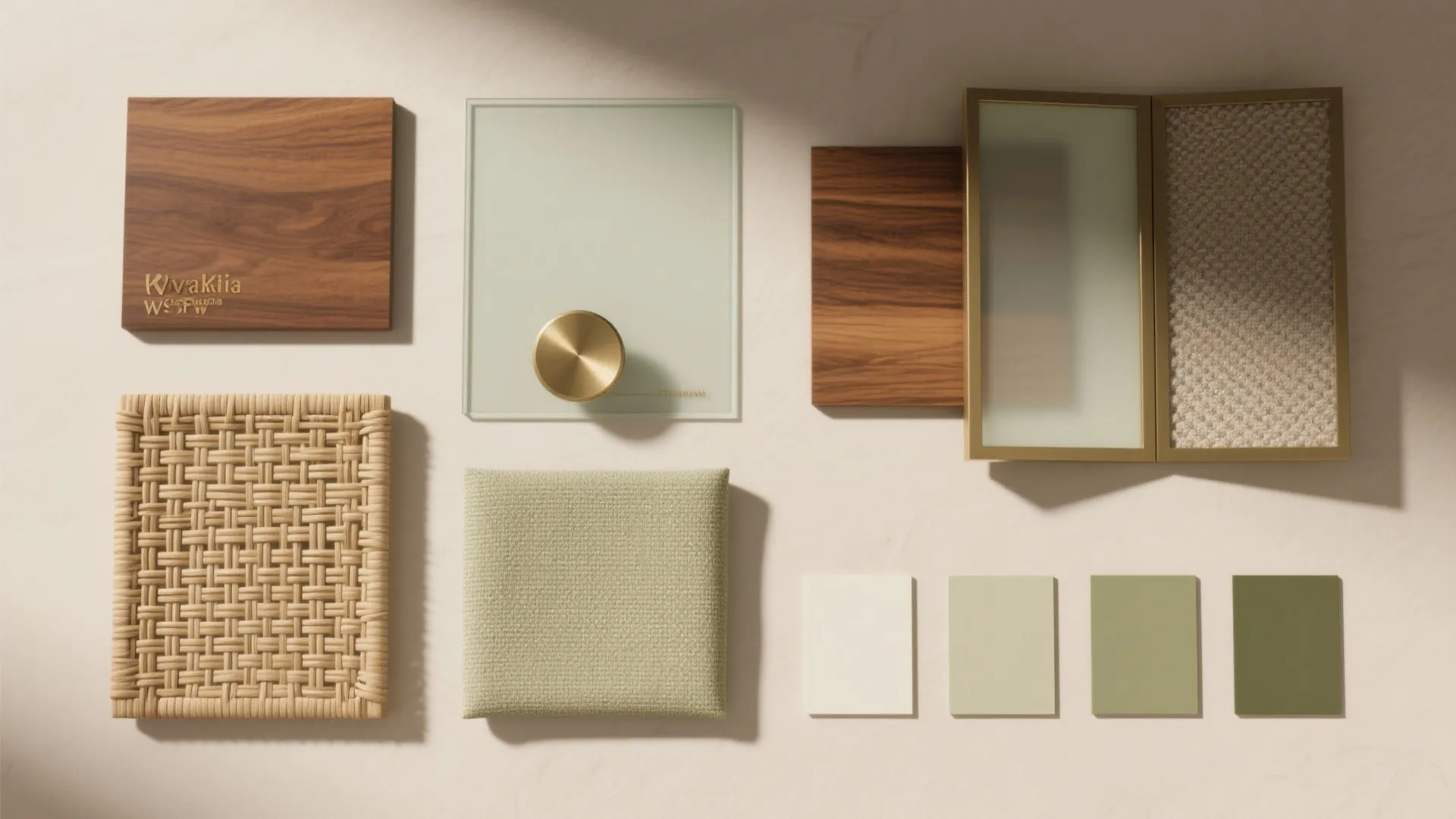 Top-down flatlay of Kerala partition materials: teak, cane, frosted glass, veneer, brass, acoustic fabric, ivory and sage chips.