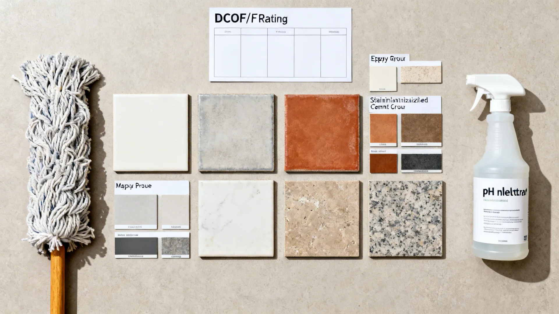 Floor tile samples with cleaning mop spray bottle and rating chart on a neutral surface