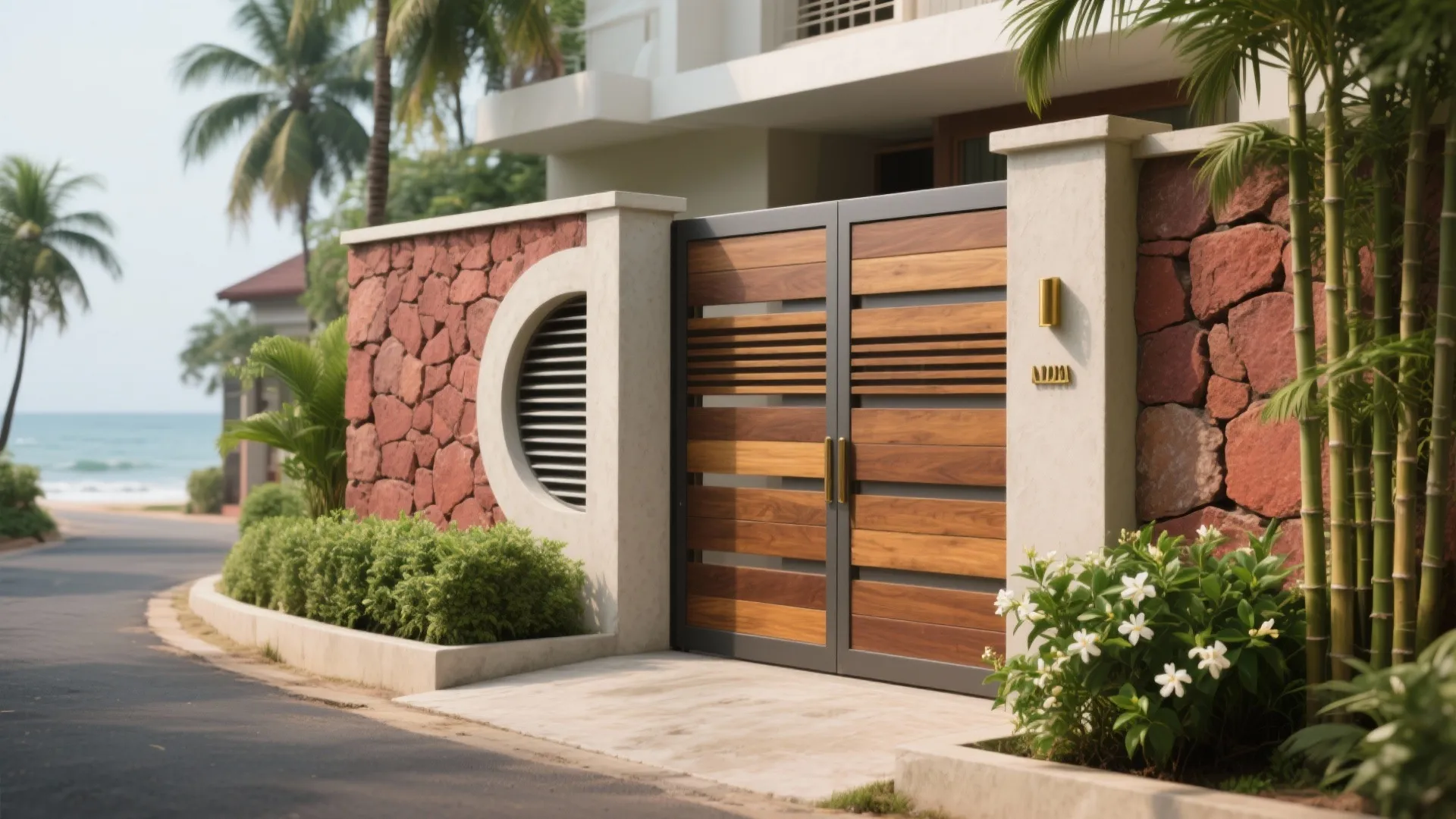 Modern wooden entrance gate with red stone walls white pillars green plants and palm trees