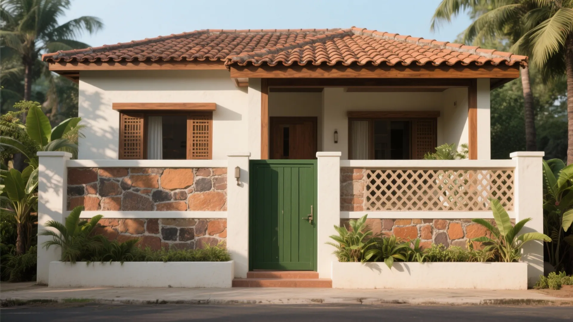 Small white house featuring brown tiled roof green gate stone wall and green palm trees