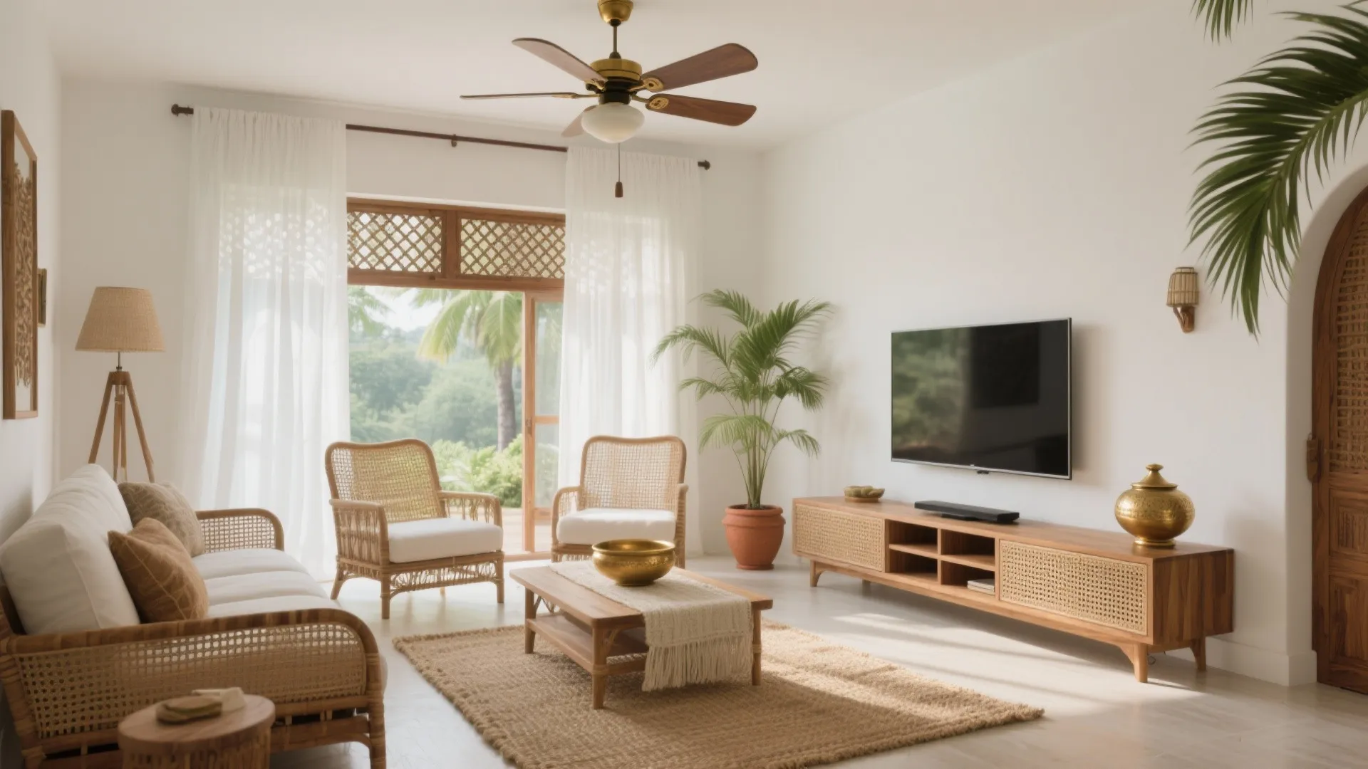 Tropical living room with rattan sofa wooden coffee table white curtains ceiling fan and palm plants