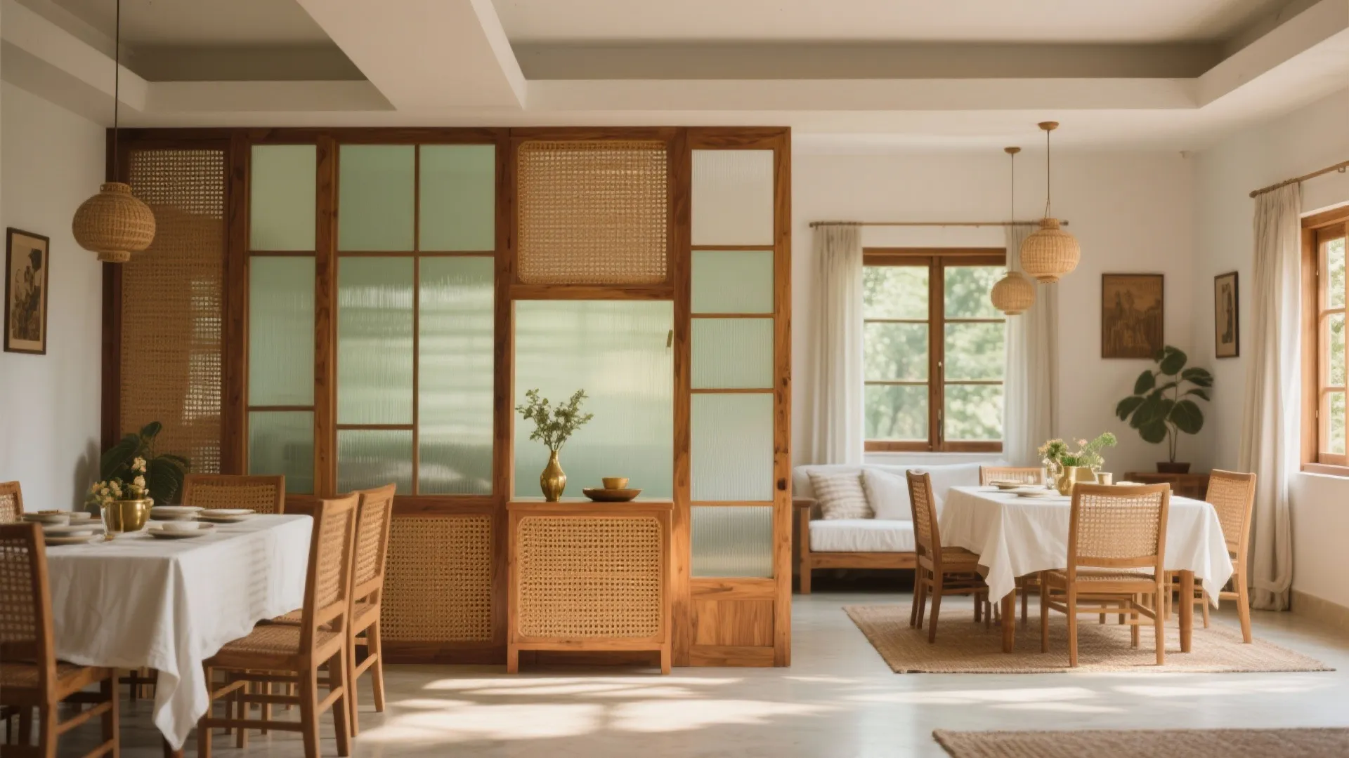Bohemian dining room featuring wood tables with white cloths rattan chairs and woven ceiling lights