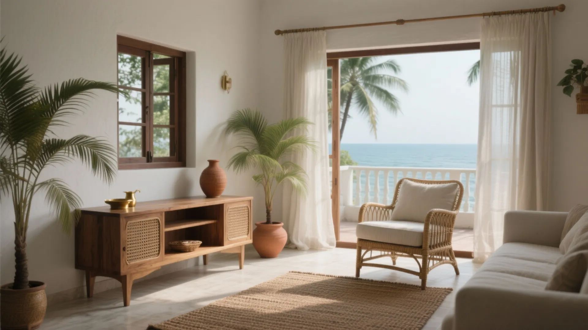 Tropical style living room with wooden cabinet, rattan chair, potted plants, and ocean view balcony