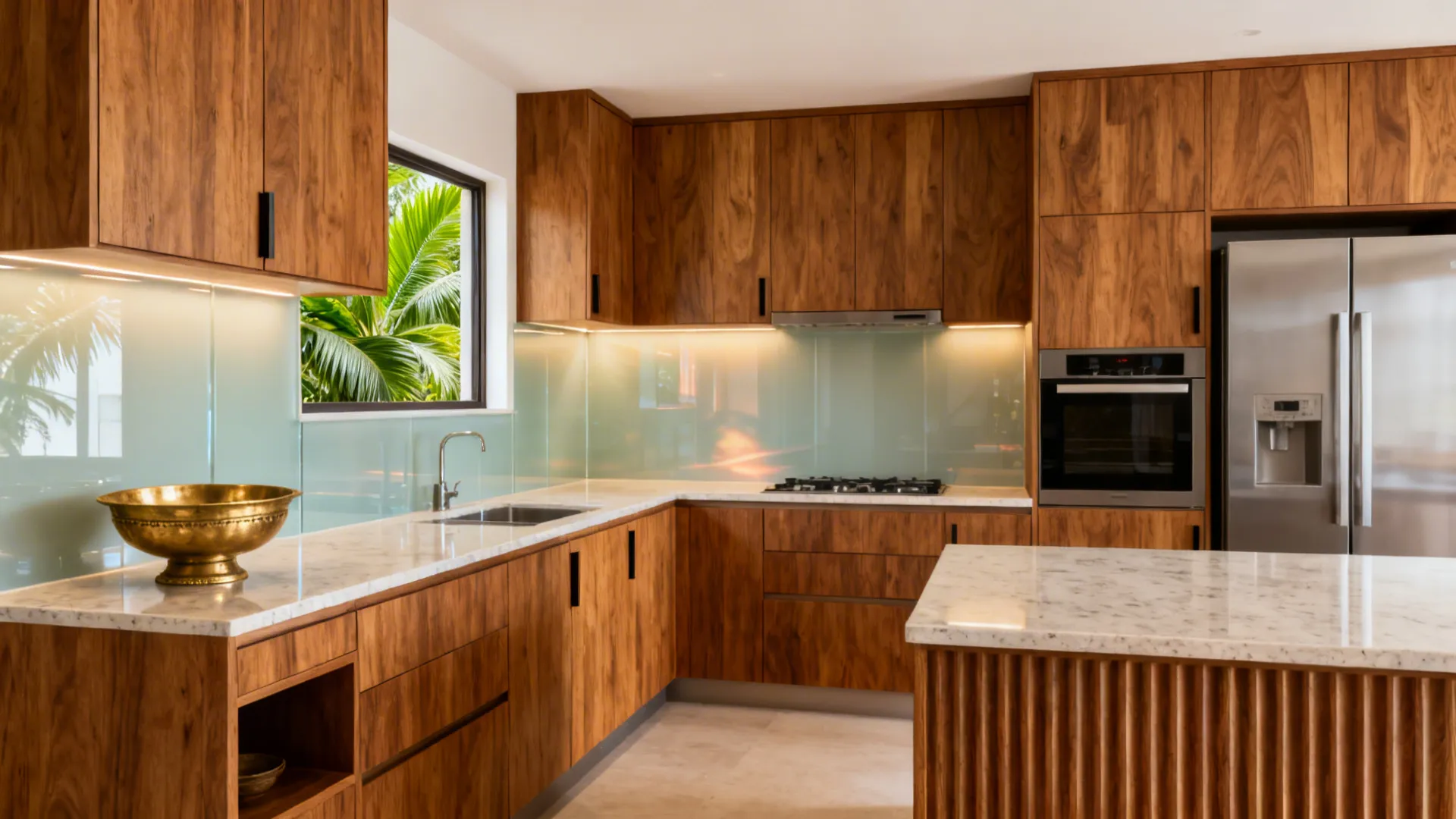 Modern kitchen with wood cabinets white marble counters stainless steel fridge and a green garden