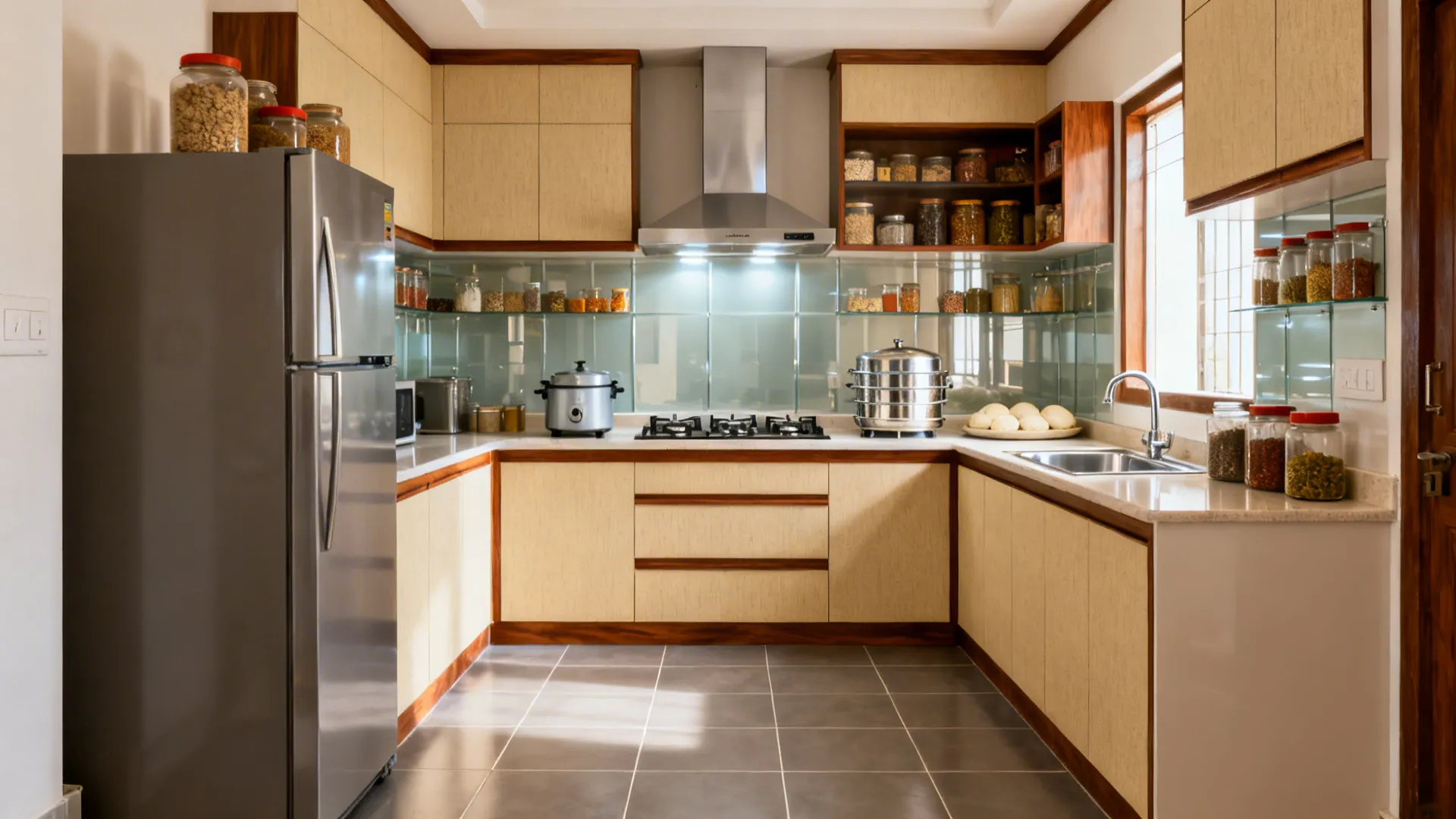 A 9x11 ft L-shaped Kerala kitchen with southeast hob and 42–48 inch aisle for two cooks.