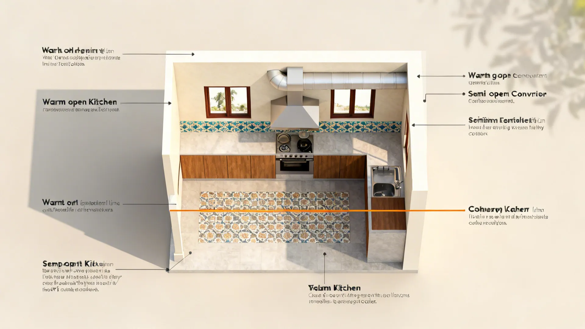 Top-down overview illustrating materials, semi-open partition, ventilation paths and patterned focal band in a compact kitchen.