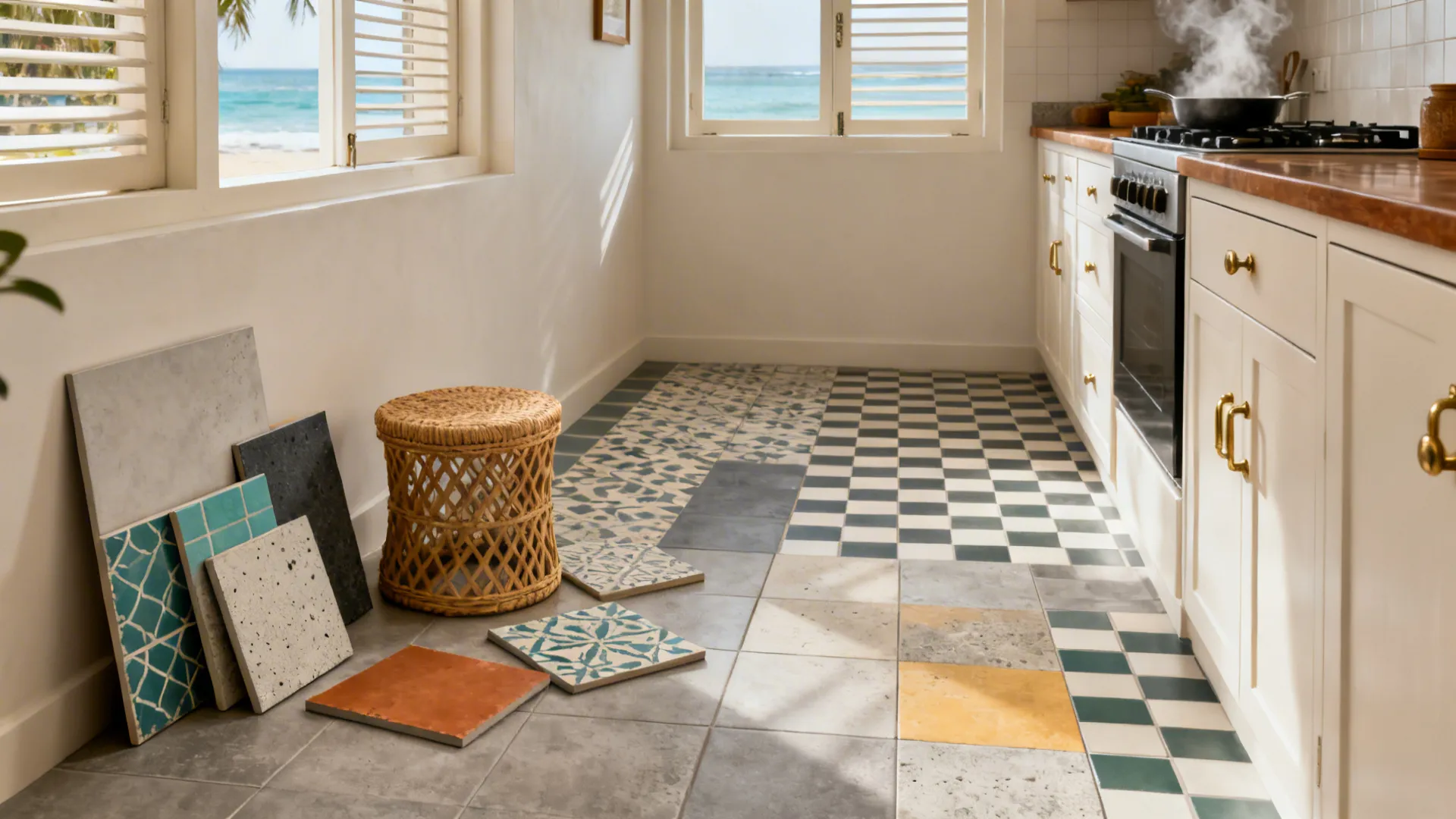Bright kitchen with white cabinets, stove, wooden stool, and several different floor tile design samples