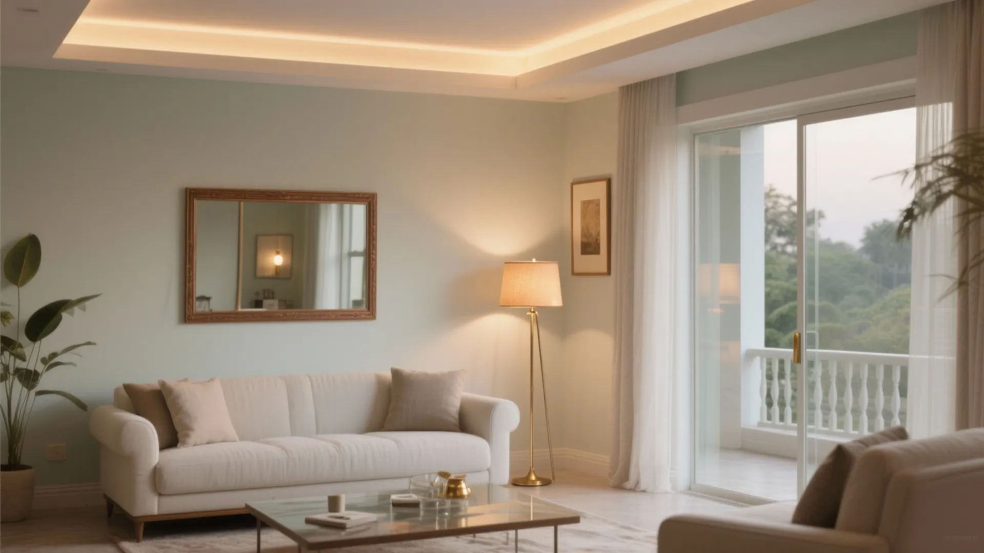 Modern living room with white sofa, floor lamp, wall mirror, coffee table, and balcony view