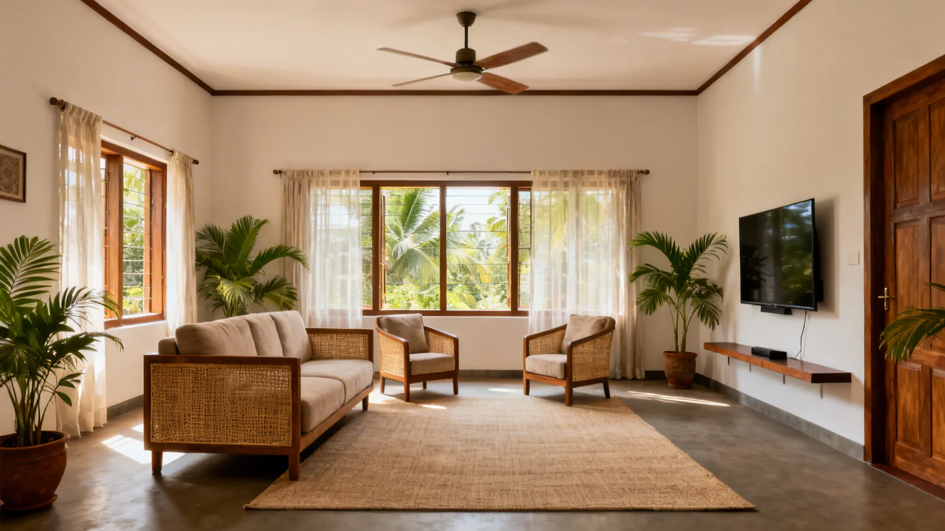 A 12x16 ft Kerala living room with cross-ventilating windows, sofa and chairs, and clear walkways.