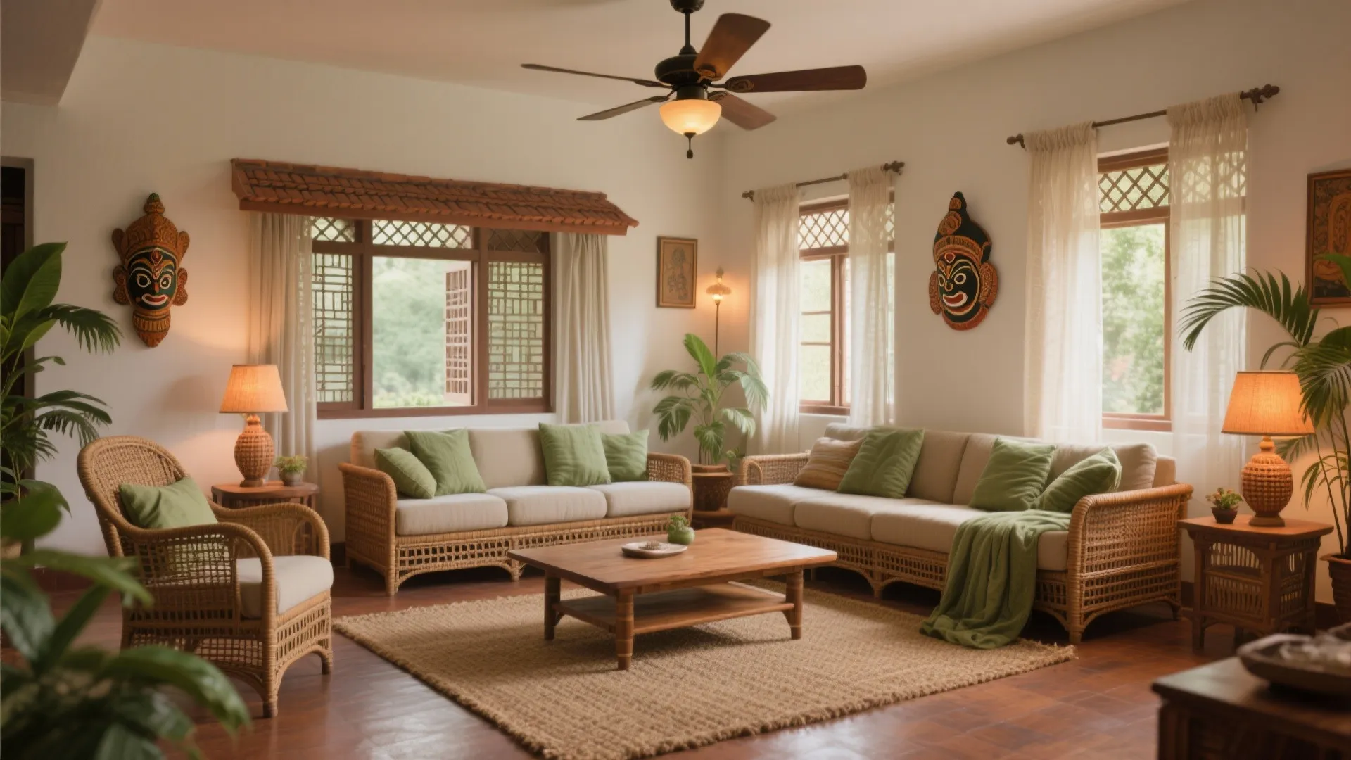 Tropical living room with cane sofas, green pillows, wooden coffee table, ceiling fan, and masks