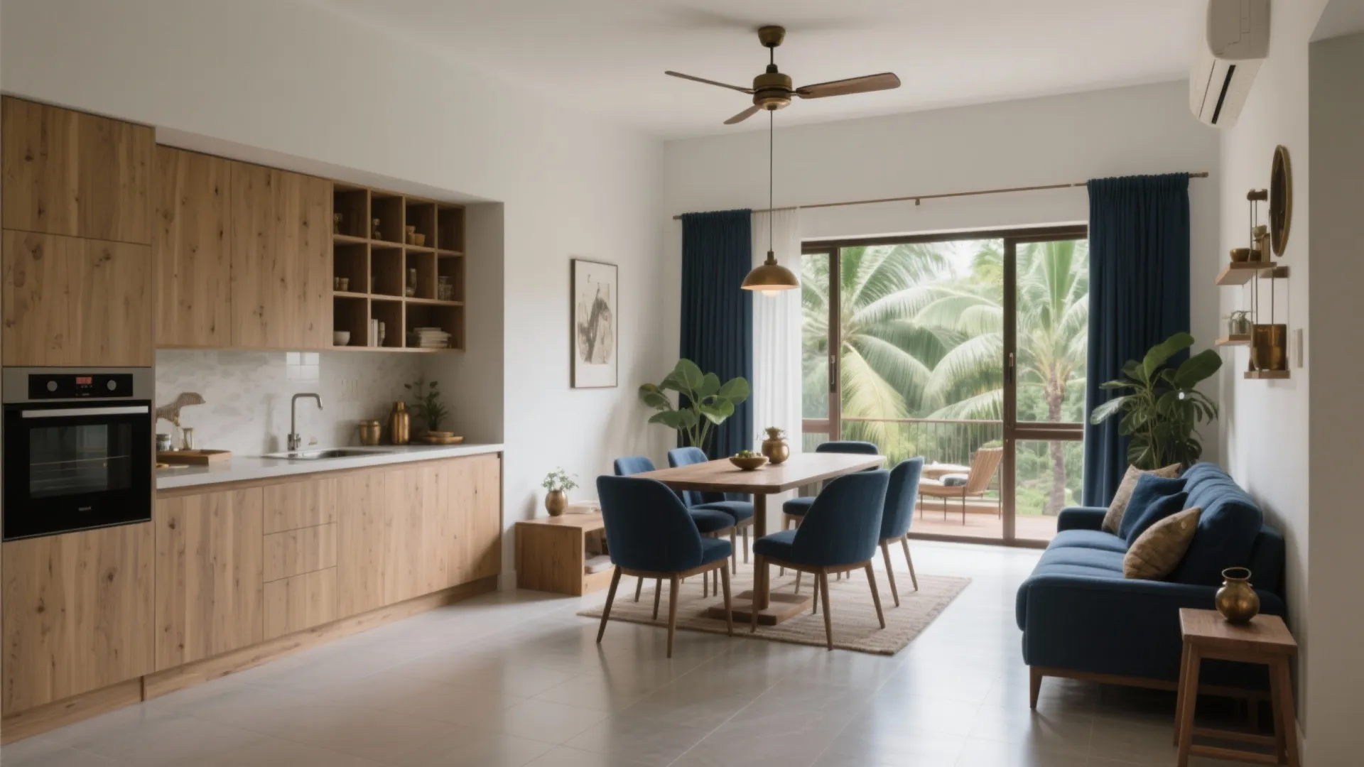Open plan living room with wooden kitchen cabinets dining table blue chairs sofa and ceiling fan