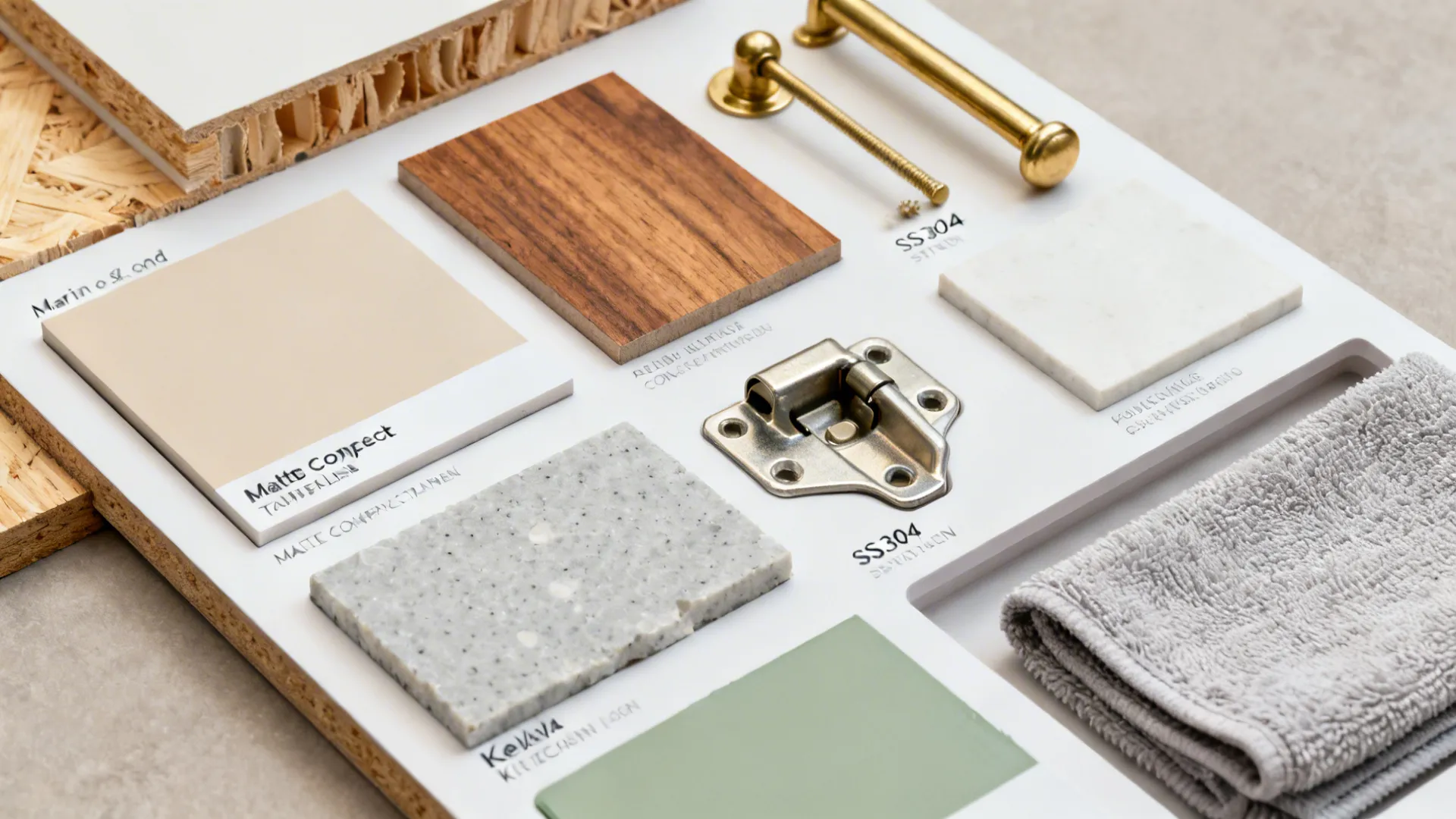Flat lay of marine ply, matte laminate, teak veneer, brass, quartz, and porcelain samples.