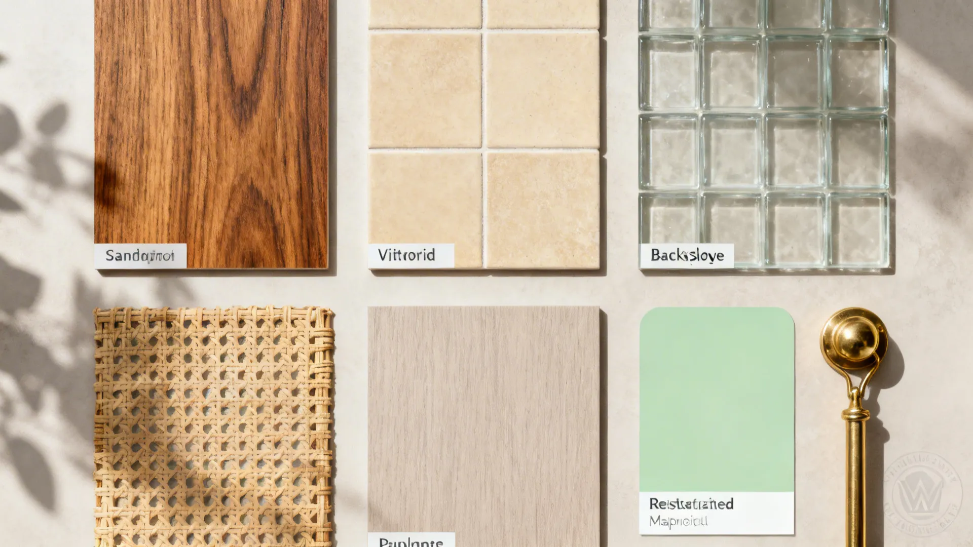 Flat lay of teak, vitrified tile, glass backsplash, cane weave, brass hardware, and soft green paint.