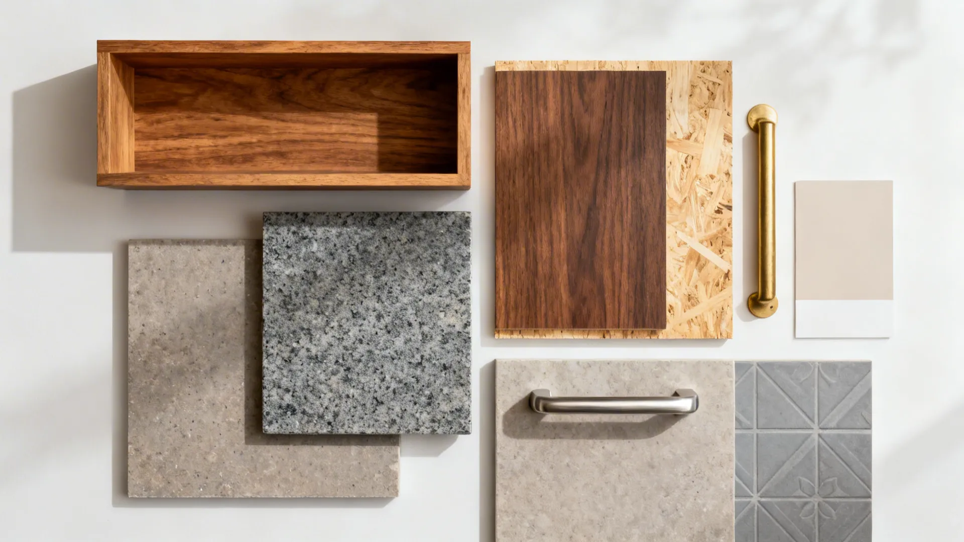 Flat lay of teak, walnut laminate on ply, Steel Grey granite, quartz, brass, and brushed steel.