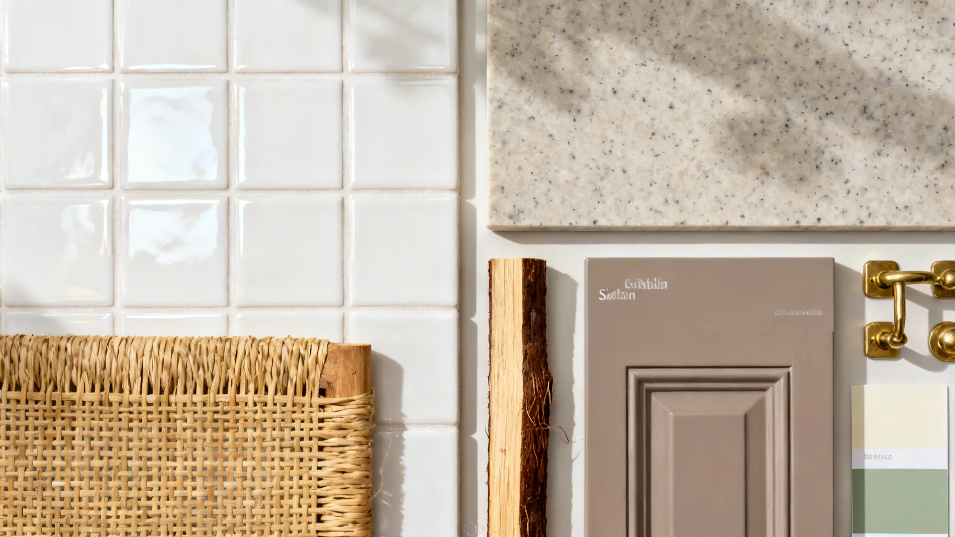 Flat lay of glossy tile, pale quartz, satin cabinet swatch, brass, cane, and wood for a Kerala kitchen.