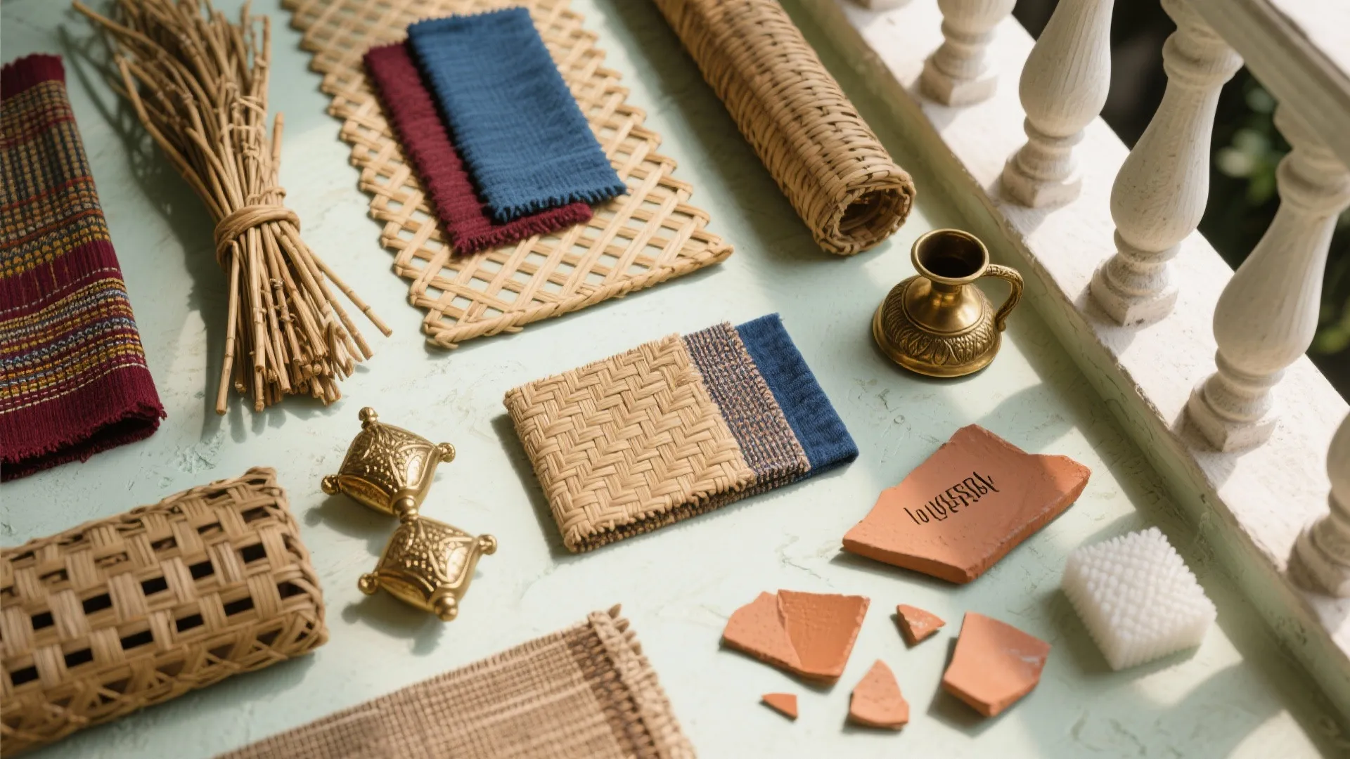 Flatlay of cane, rattan, handloom textiles, brass, terracotta, and quick-dry foam materials.