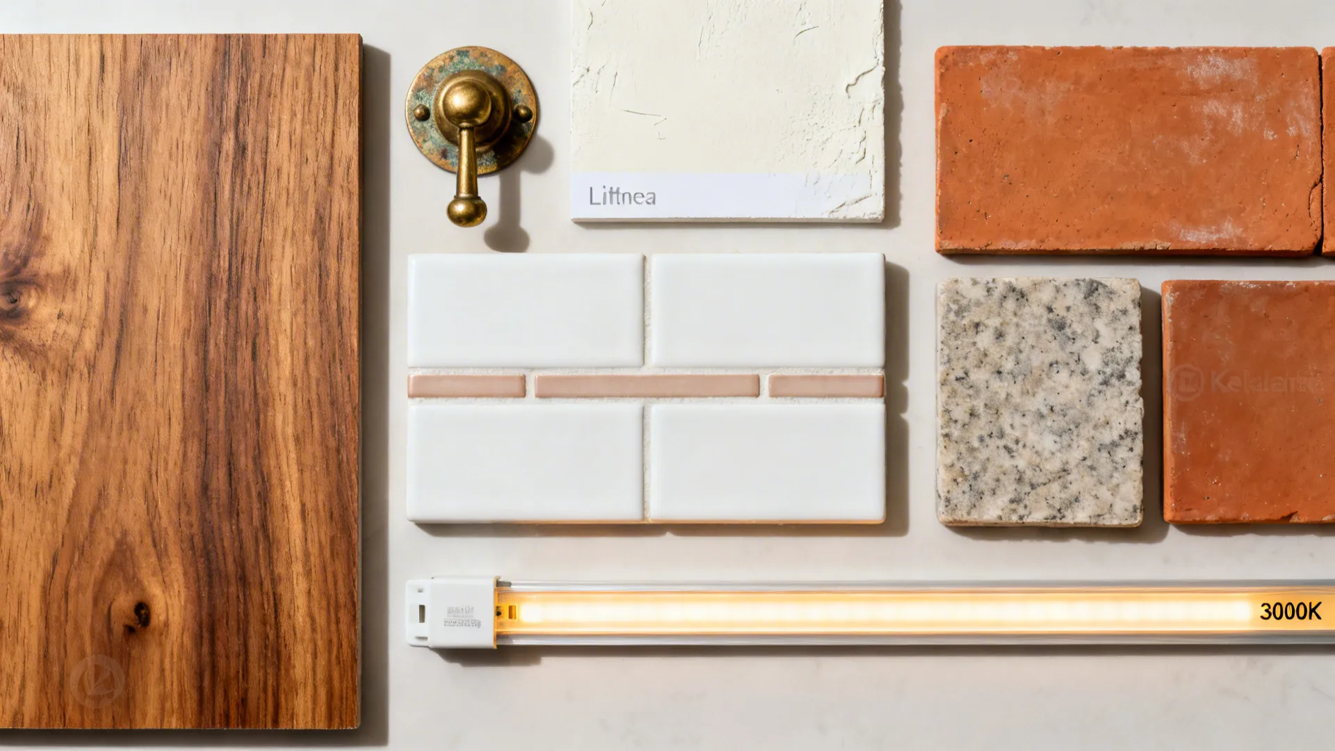 Top-down flat lay of teak, brass, lime plaster, matte white tile, Kota and terracotta samples with 3000K lighting note.