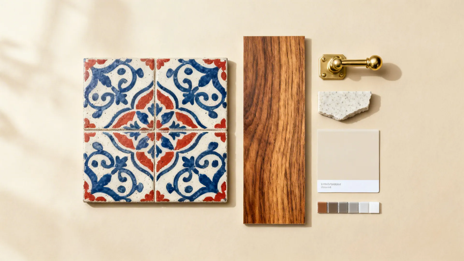 Flat lay of patterned cement tile, teak swatch, quartz chip, brass pull and neutral paint card arranged on cream background.