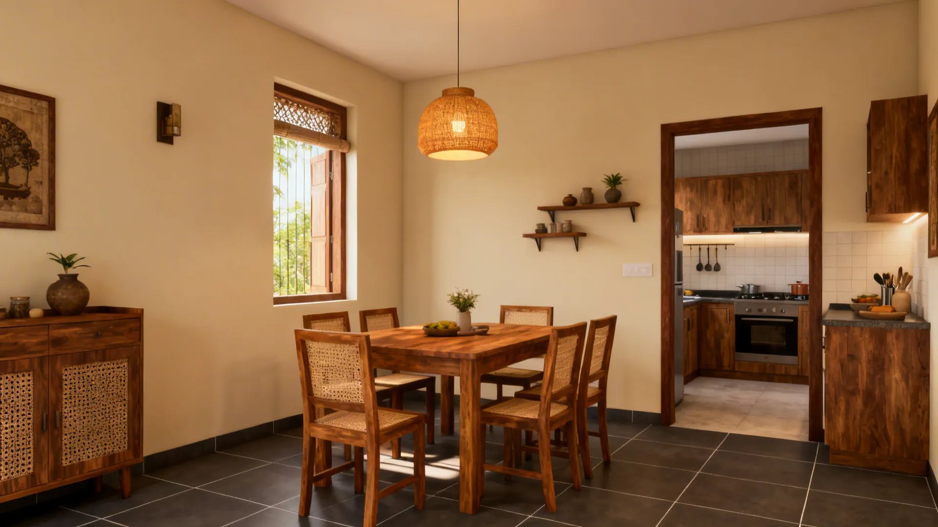 Warm dining room with wooden furniture and ceiling light showing view into modern kitchen area