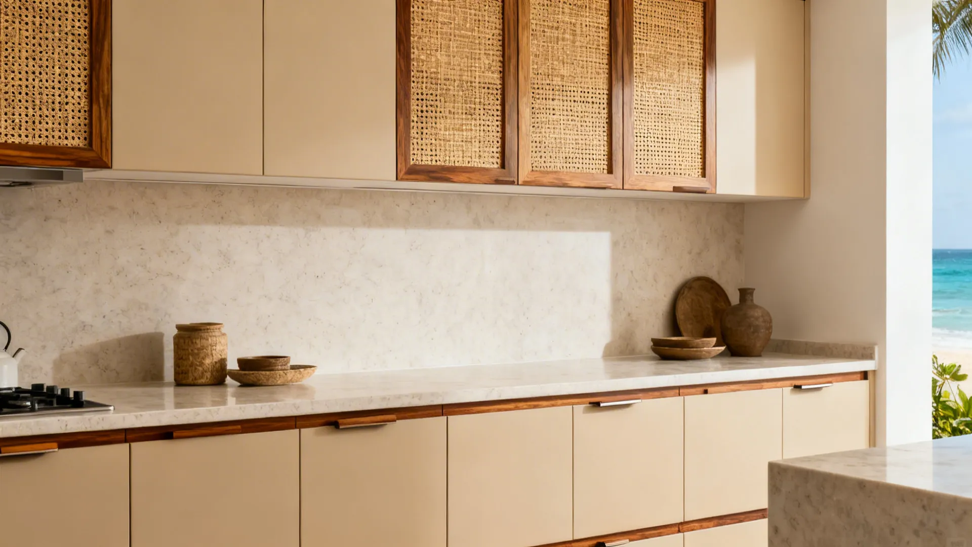 Kerala-modern fronts: matte laminates, cane accents, and teak tones