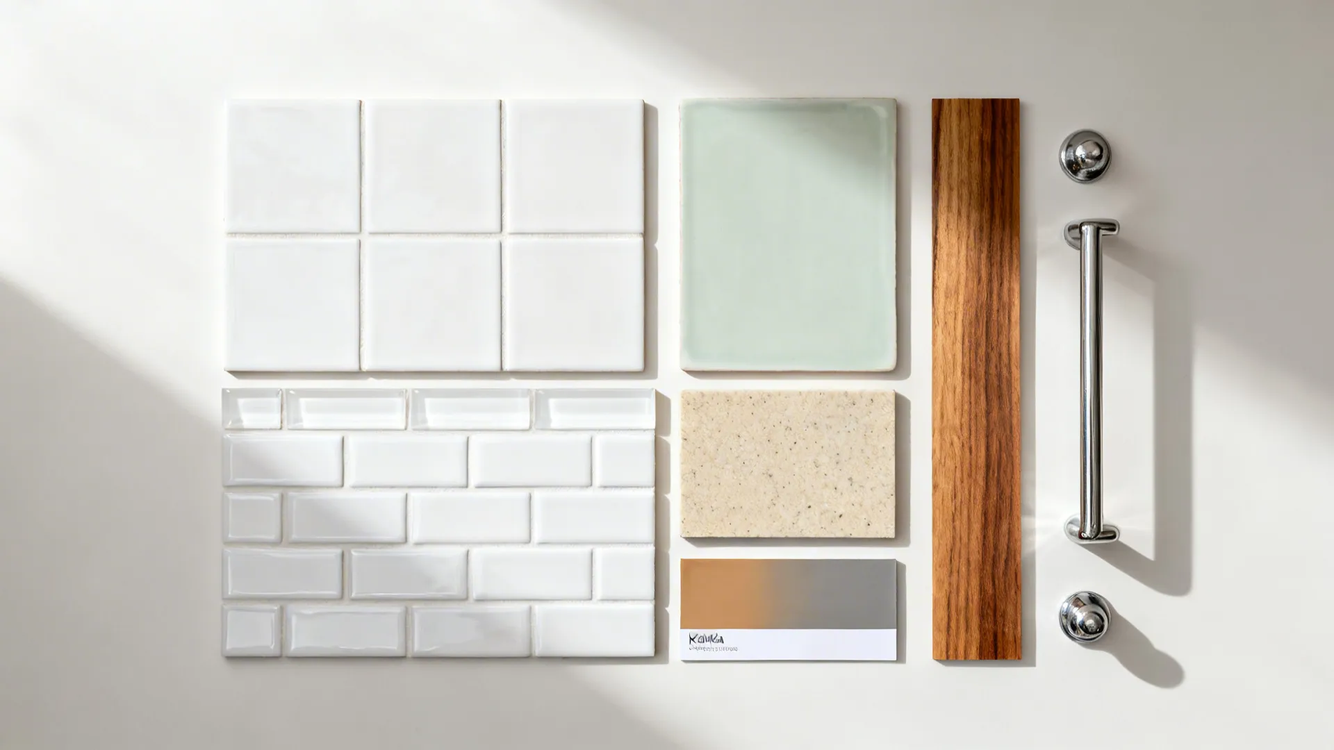 Flat lay of soft white and sage tiles, sand quartz, warm gray epoxy grout, teak, and stainless.