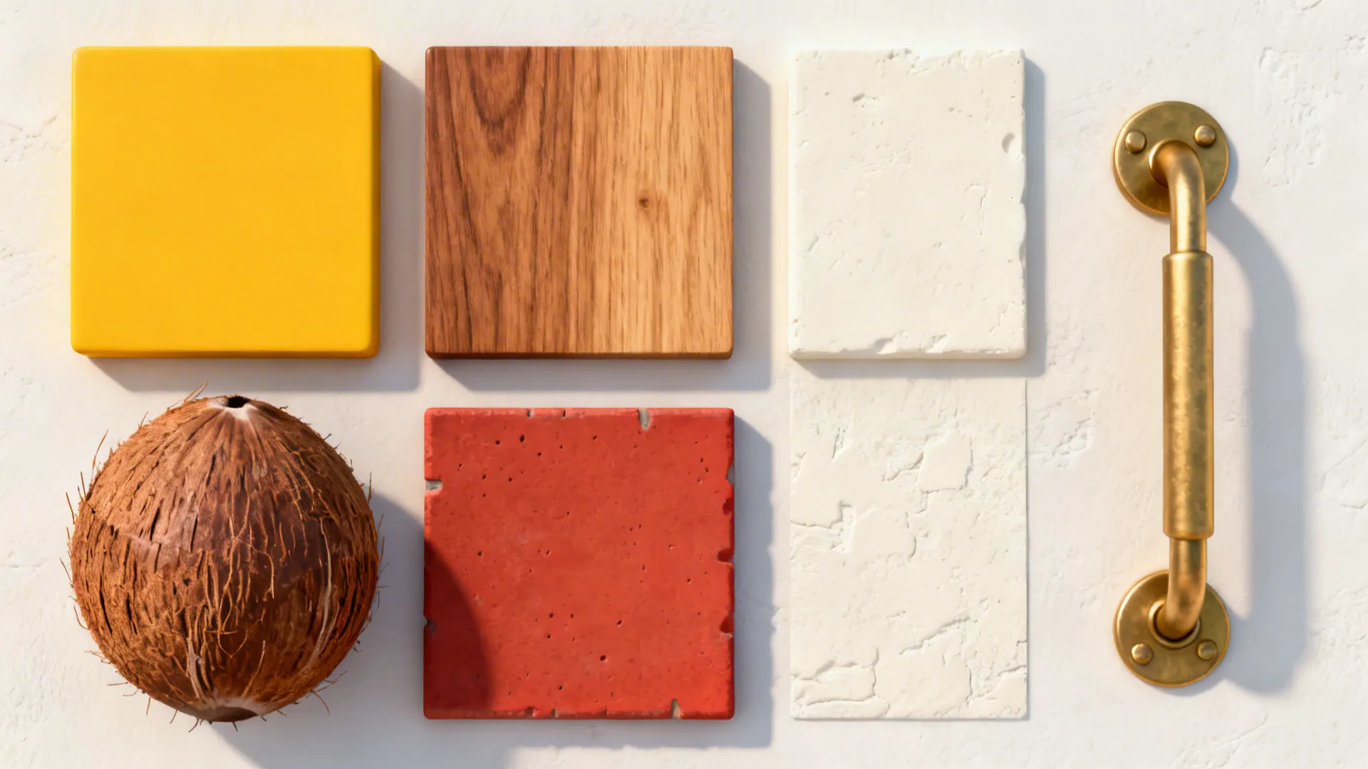 Flat-lay of turmeric yellow, coconut-brown wood, laterite red, off-white, and brass samples.