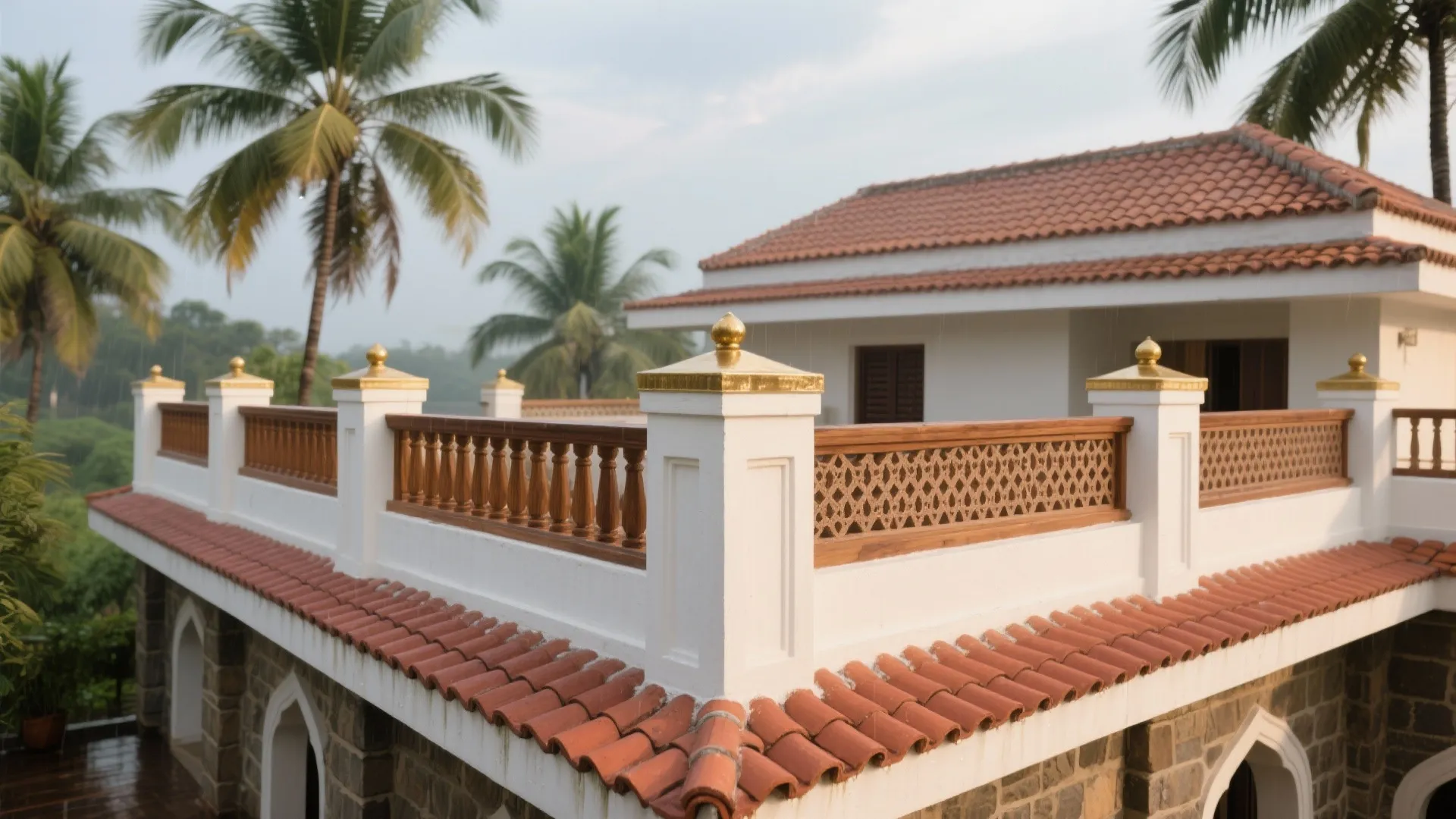 White house balcony featuring red tiled roof gold pillar caps and wooden railings with palms
