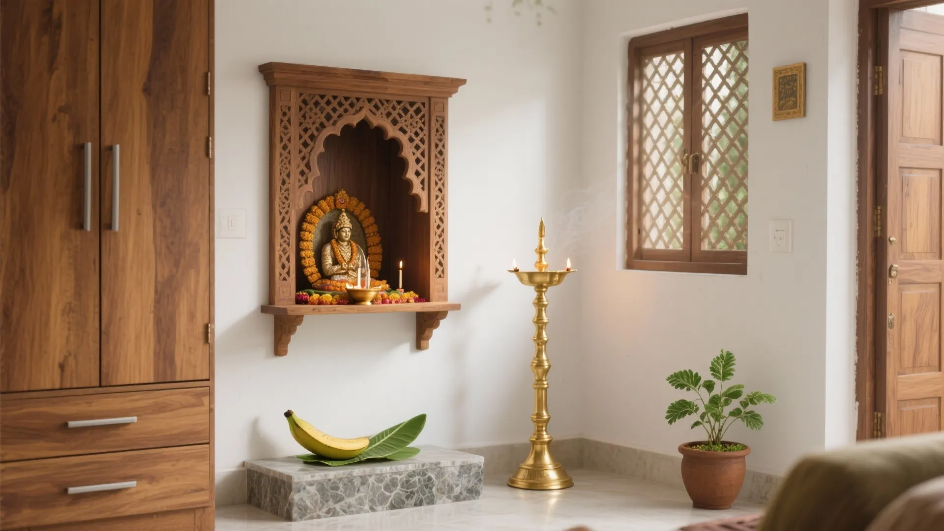 Traditional prayer room with wooden wall cabinet brass lamp plant window and white walls design
