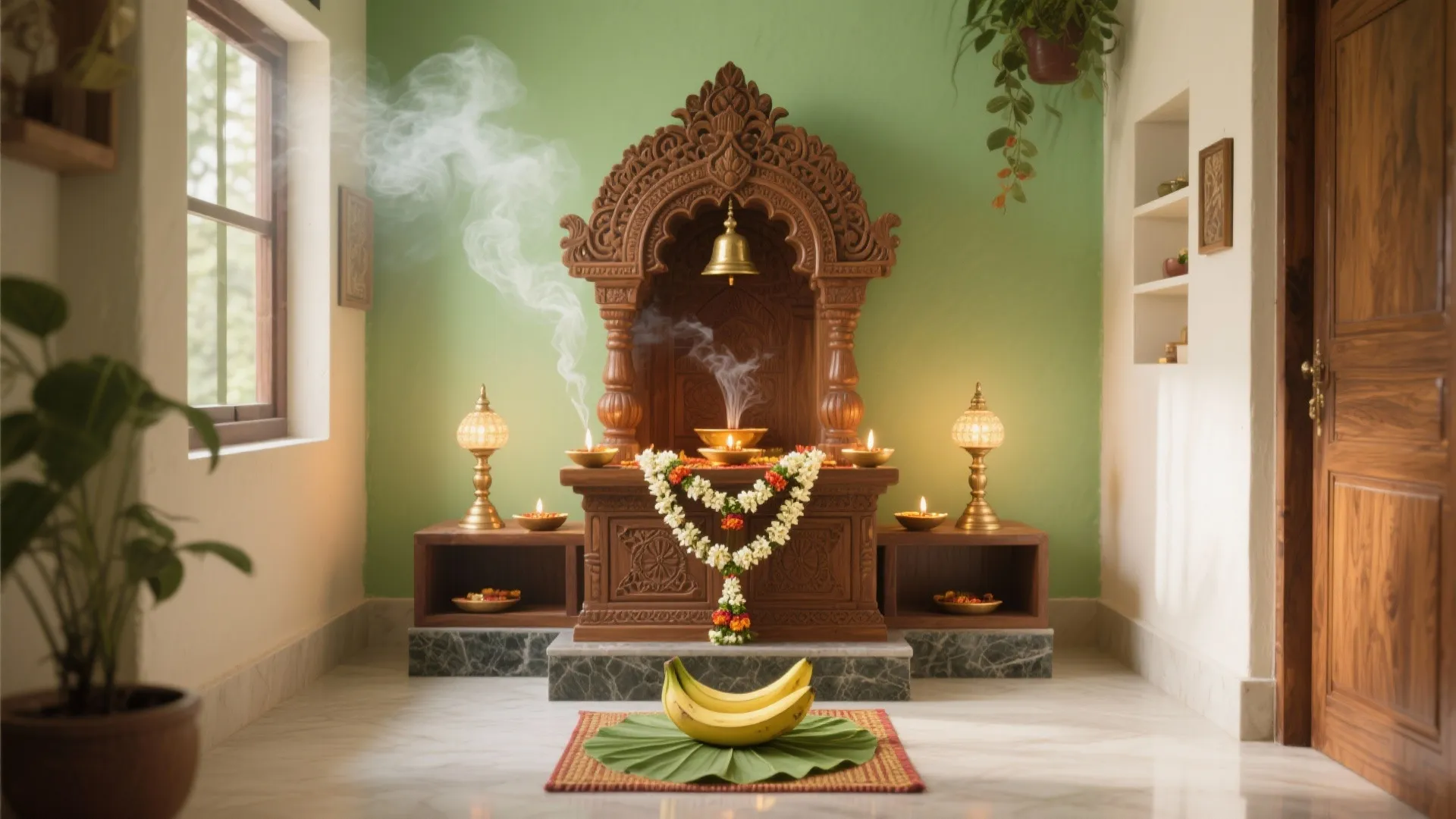 Traditional wooden prayer altar with oil lamps burning incense smoke flower garland and green walls