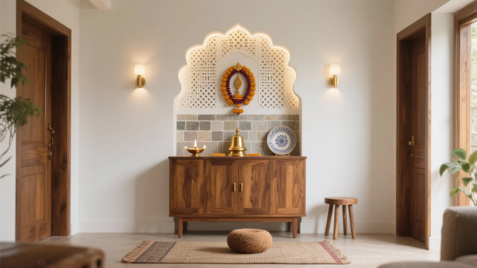 Modern prayer room featuring wooden cabinet wall lights flower garland and traditional brass bell decoration items