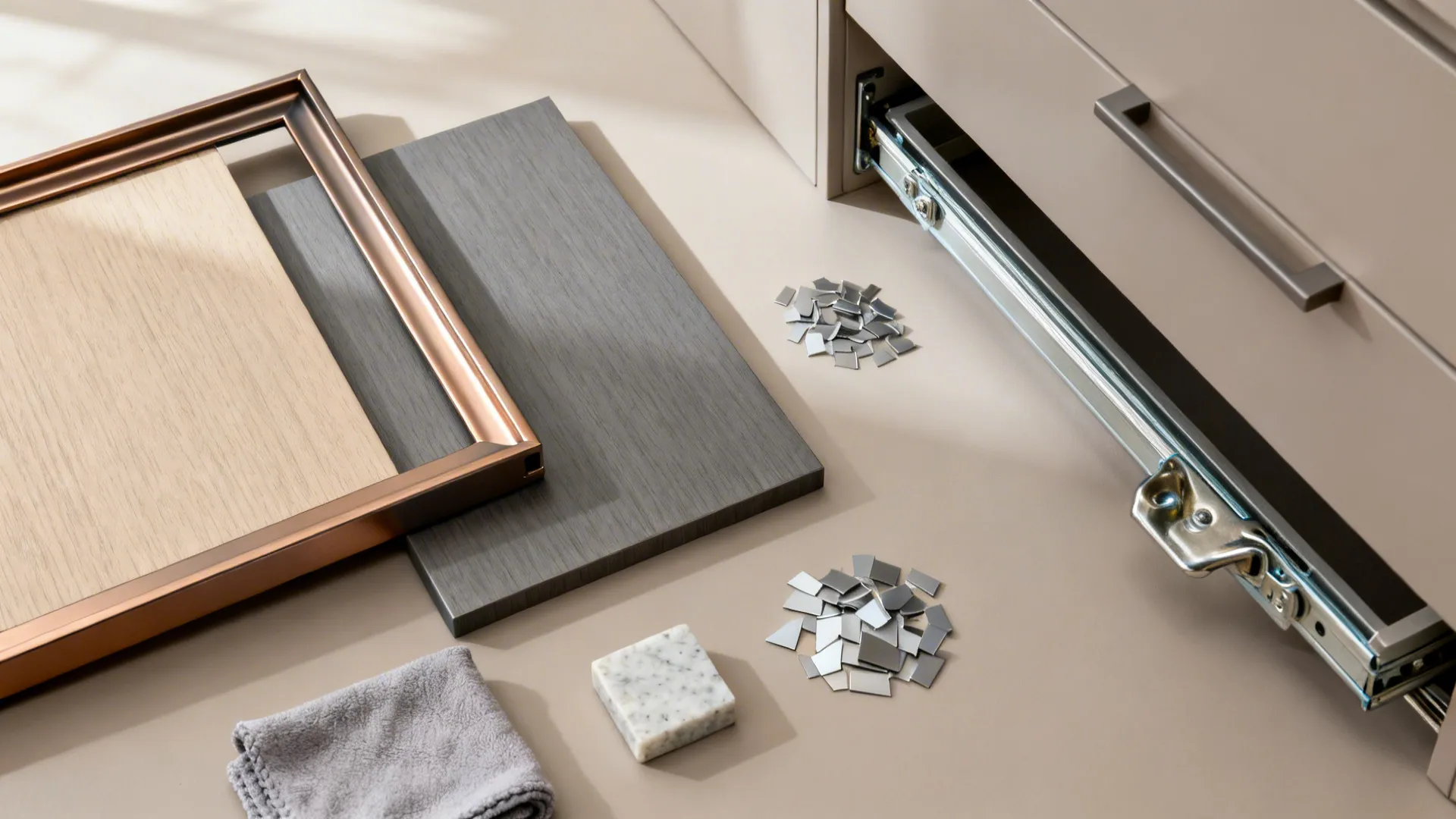 Flat lay of anodized aluminium samples, matte anti-fingerprint laminates, and soft-close hardware.