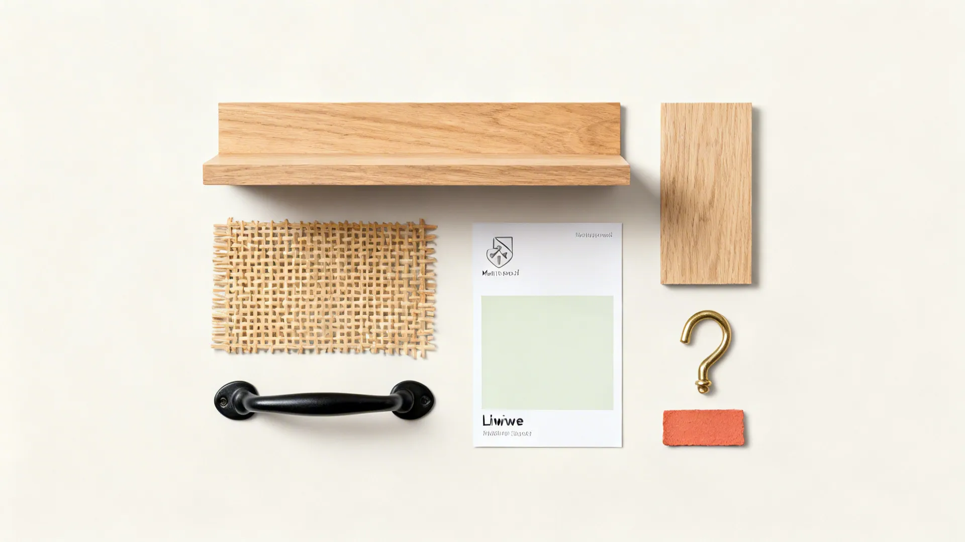 Flat lay of rubberwood, cane mesh, marine plywood, brass hooks, and limewash palette for Kerala kitchen storage.