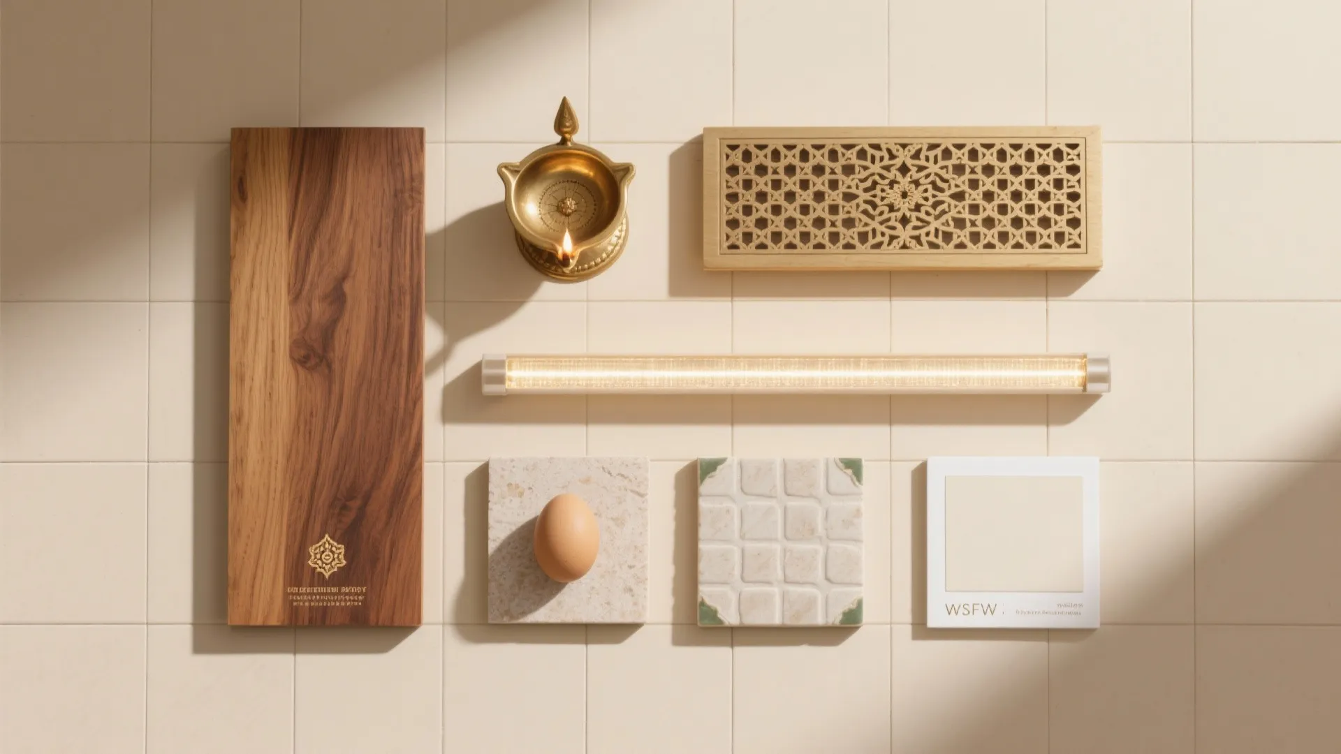 Top view of interior design materials including wood panel, light fixture, tiles, and gold accents