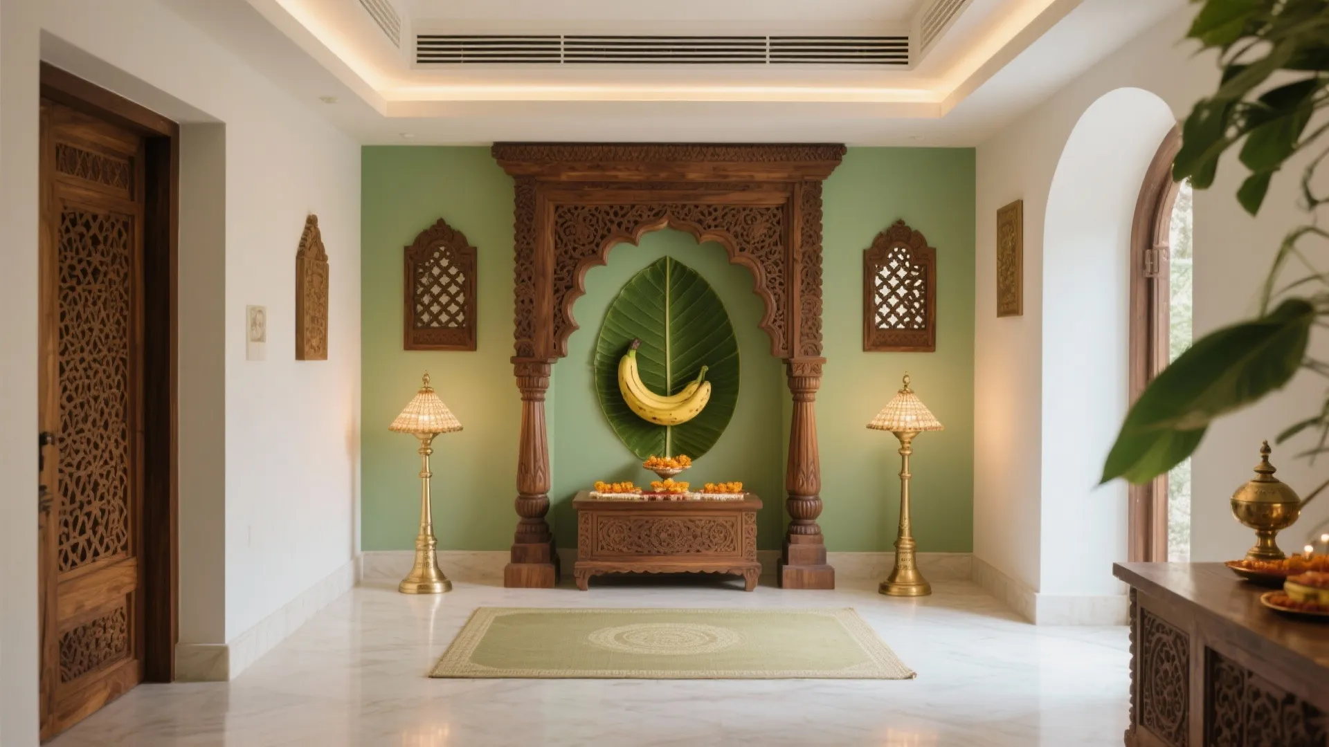 Traditional prayer room with green walls featuring carved wood altar and two gold floor lamps