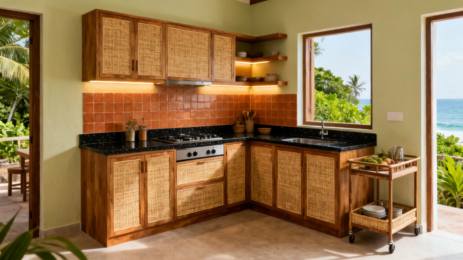 Cohesive Kerala kitchen with breathable finishes, terracotta warmth, open shelves, task lighting, and compact flow.