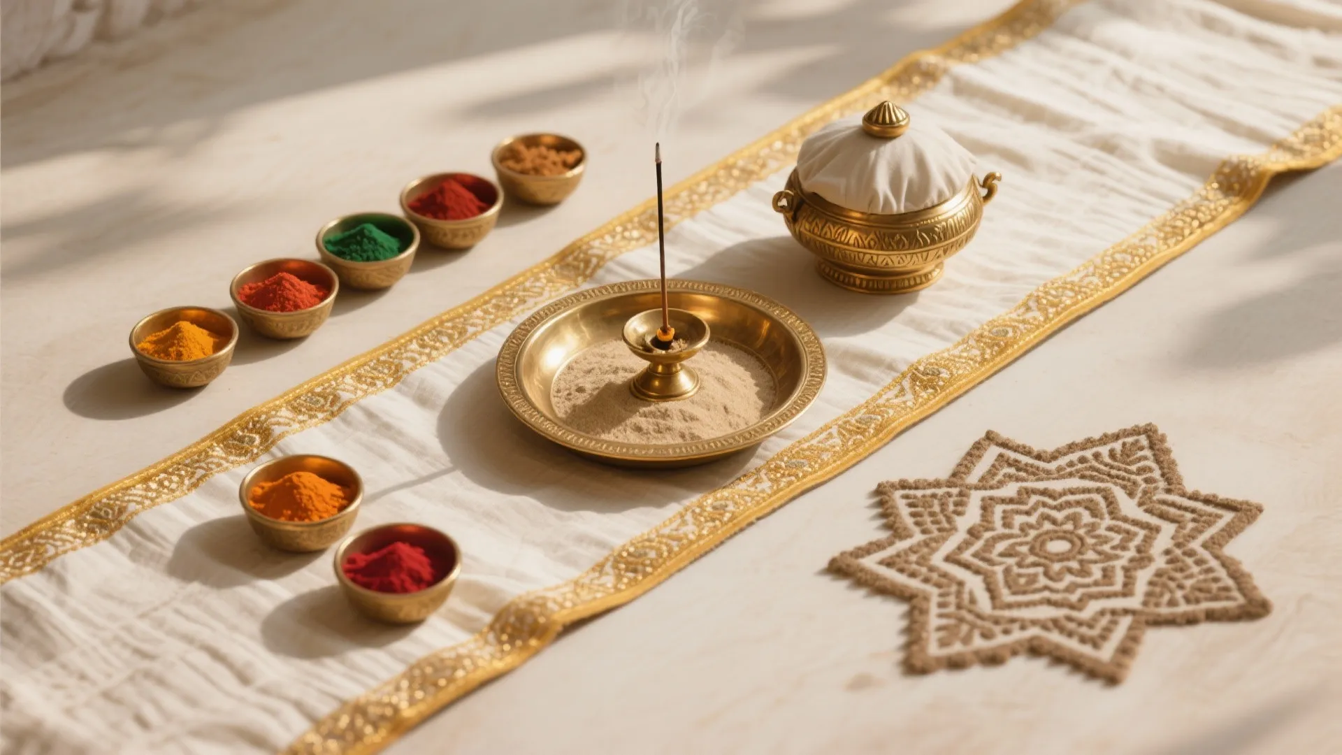Kerala-inspired textiles, rangoli corner, and incense control