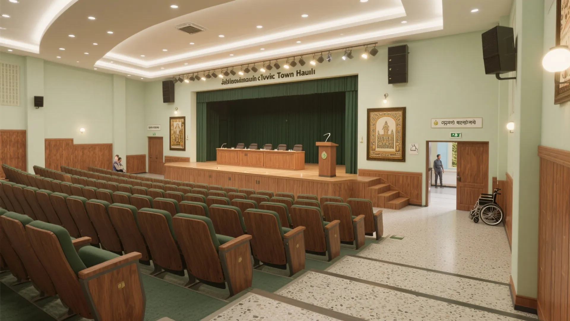 Large town hall interior design with green chairs wooden stage podium wall panel and ceiling light