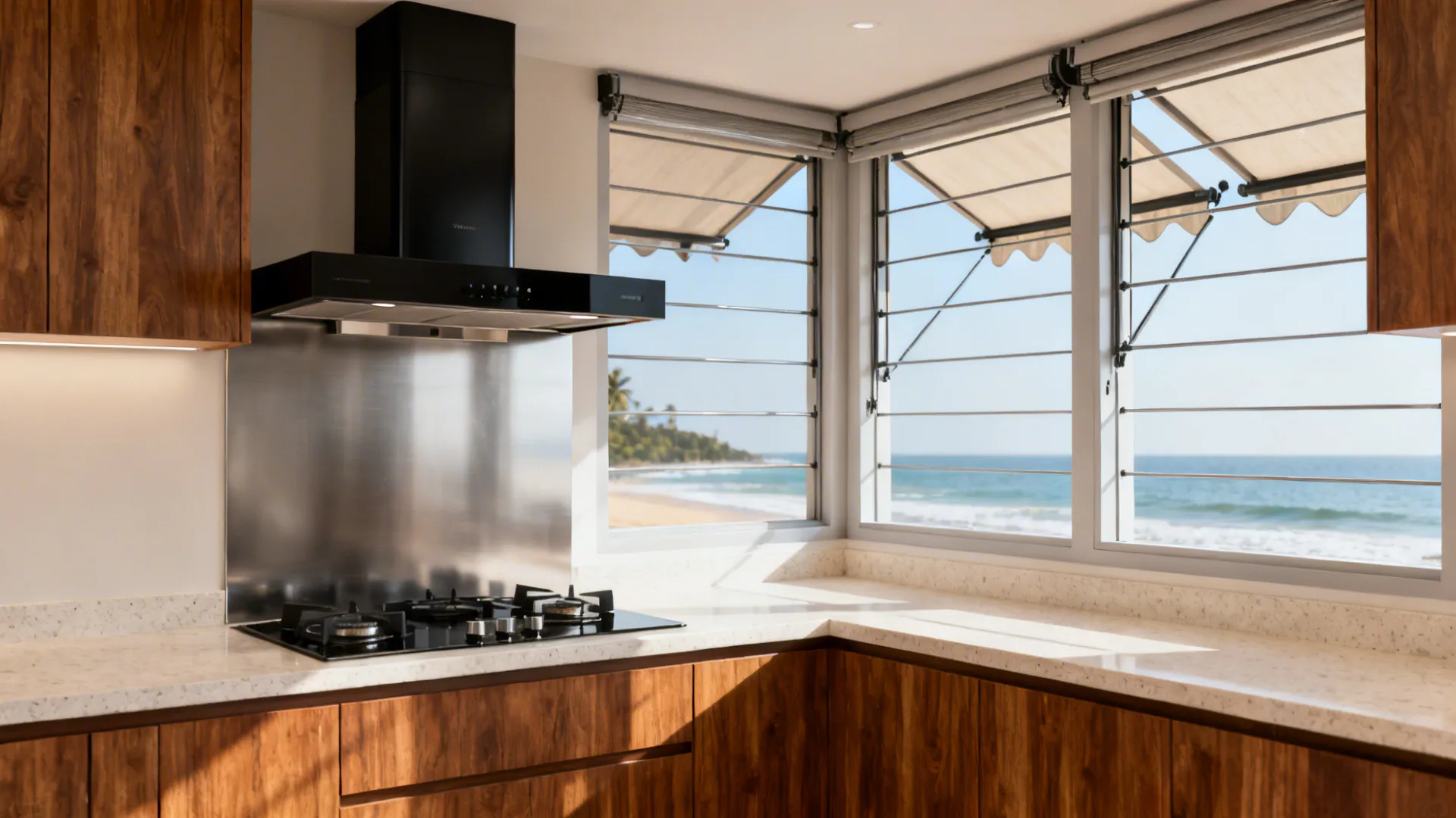 Kerala kitchen with ducted chimney hood, cross-breeze windows with screens and awning guards, teak cabinets and light counters.