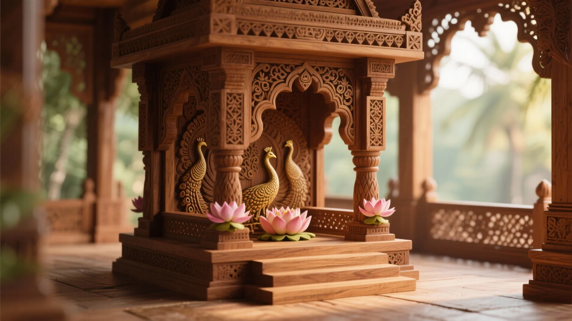 Intricately Carved Wooden Mandapam