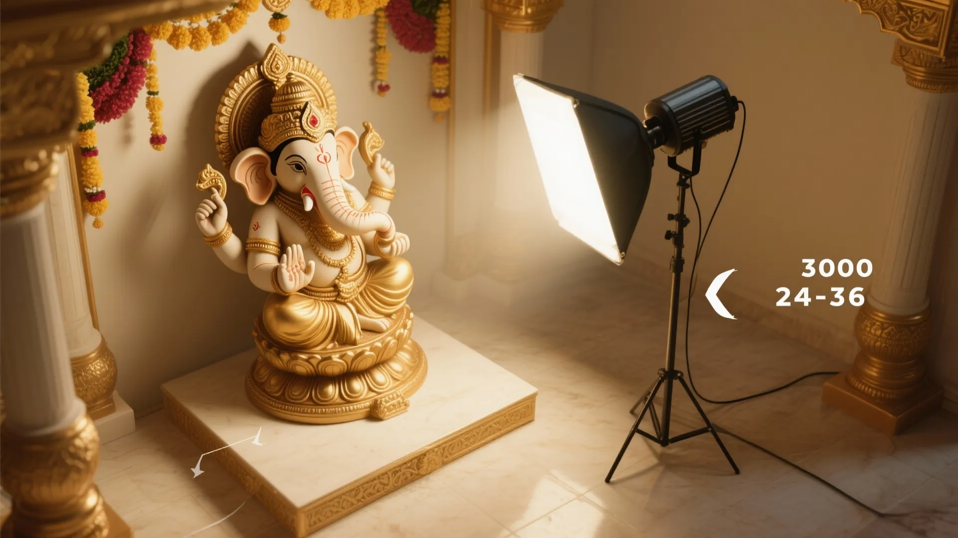 Studio light fixture shining bright warm light on a golden statue inside a decorated room setup